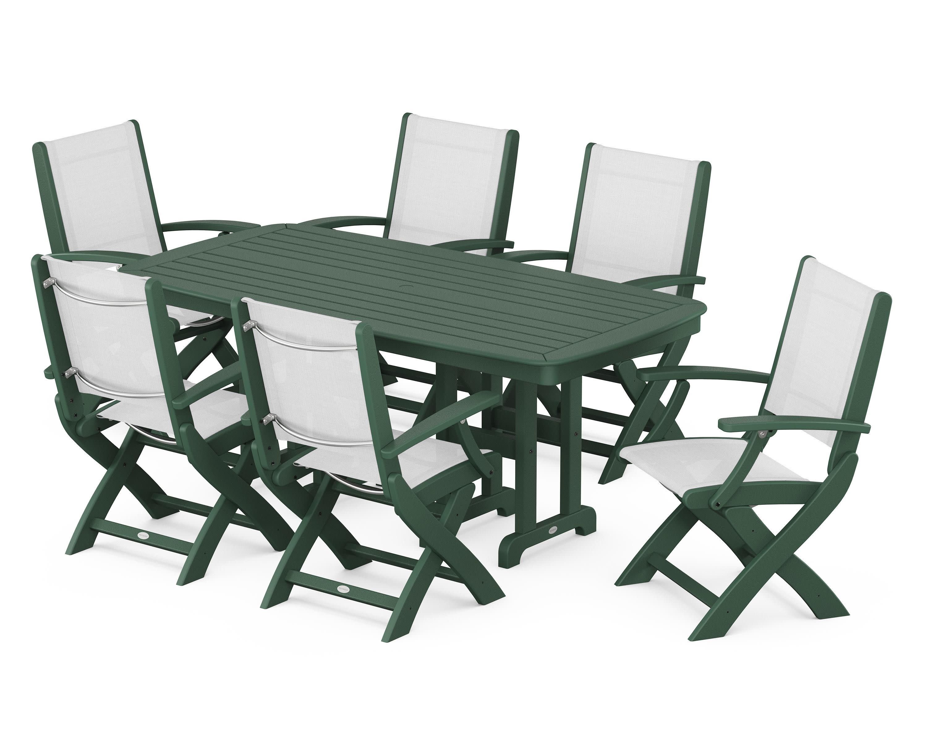 Coastal Folding Arm Chair 7-Piece Dining Set in Green / White Sling