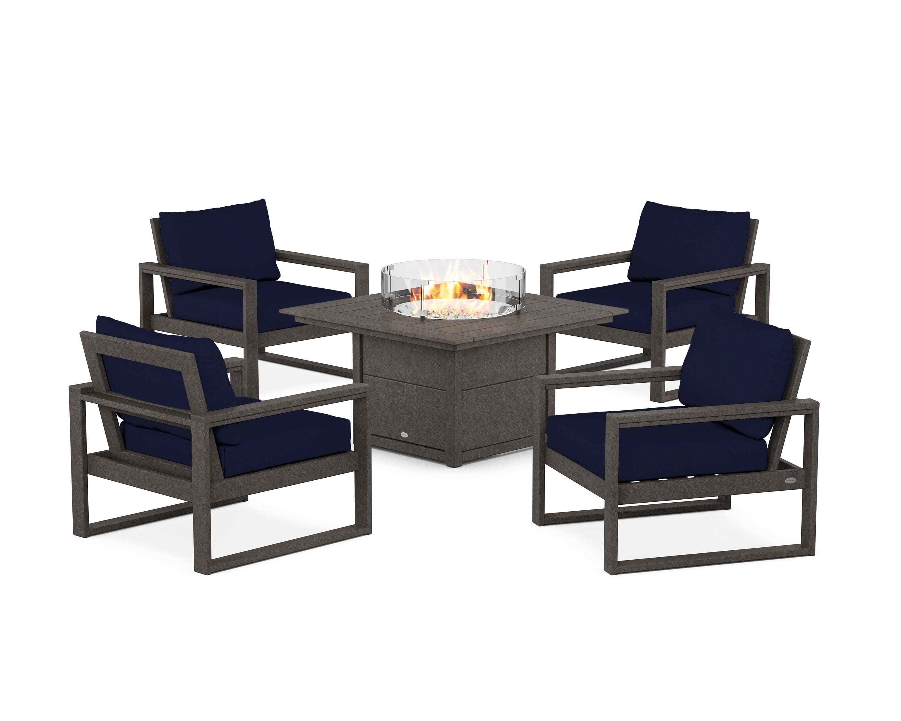 EDGE Sectional 5-Piece Deep Seating Set with Fire Pit Table in Vintage Coffee / Navy