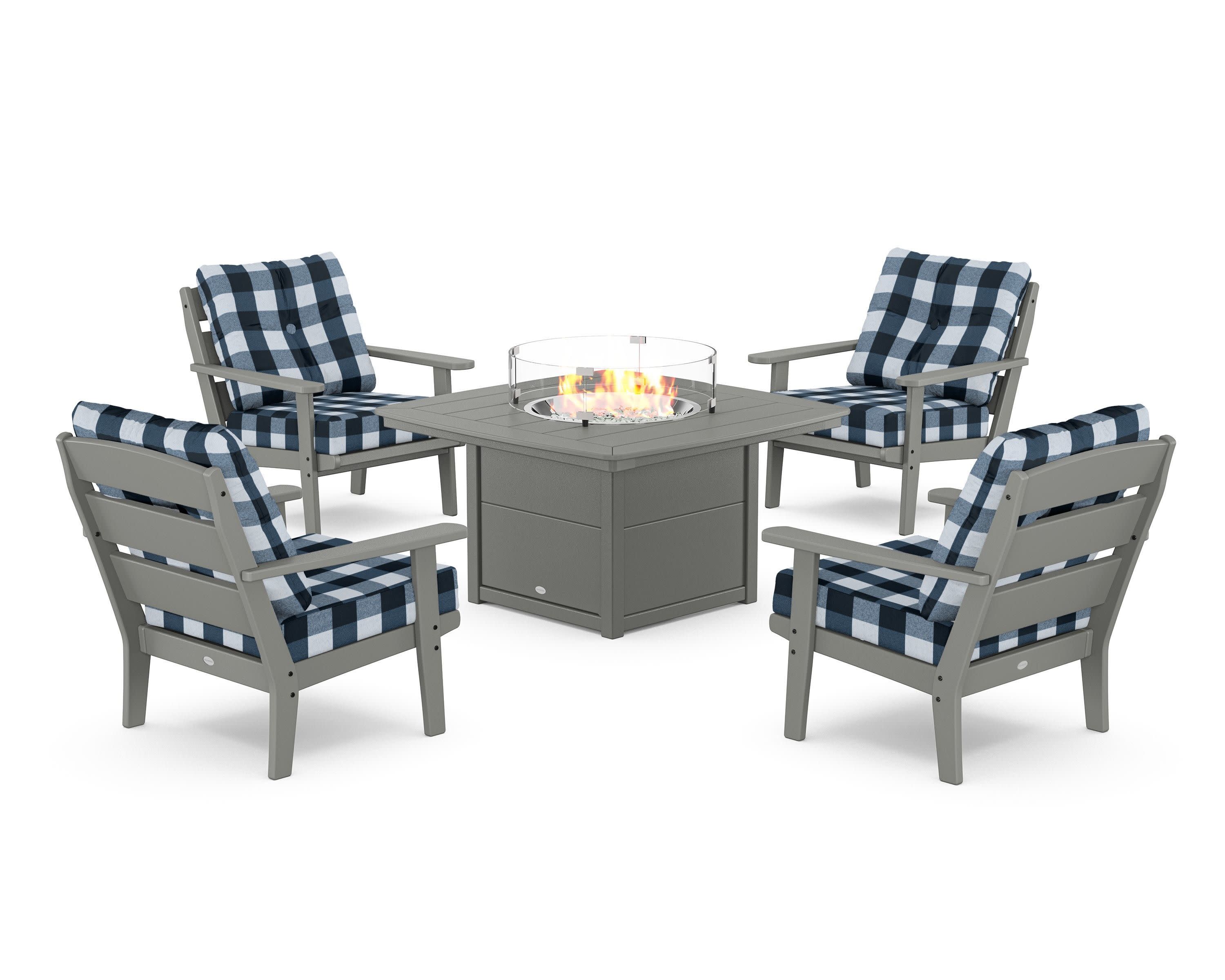 Lakeside 5-Piece Deep Seating Set with Nautical Fire Pit Table in Slate Grey / Buffalo Plaid Marine Indigo