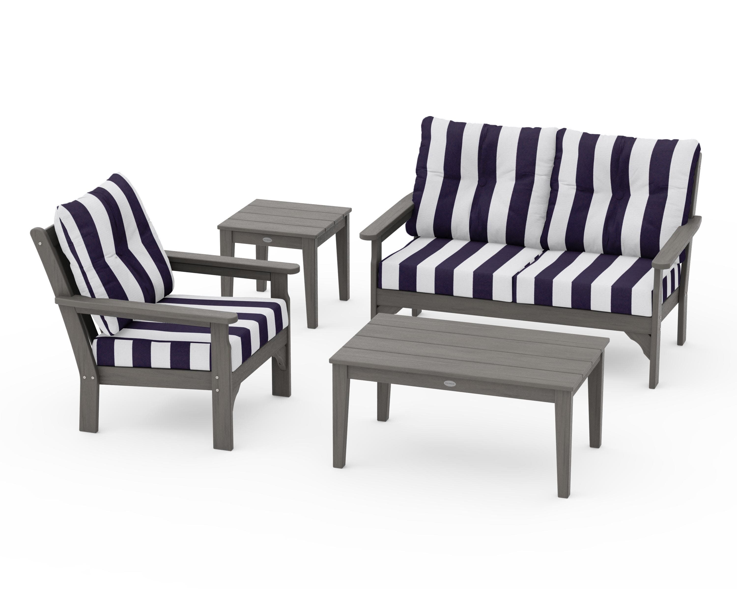 Vineyard 4-Piece Deep Seating Set in Driftwood / Cabana Stripe Navy
