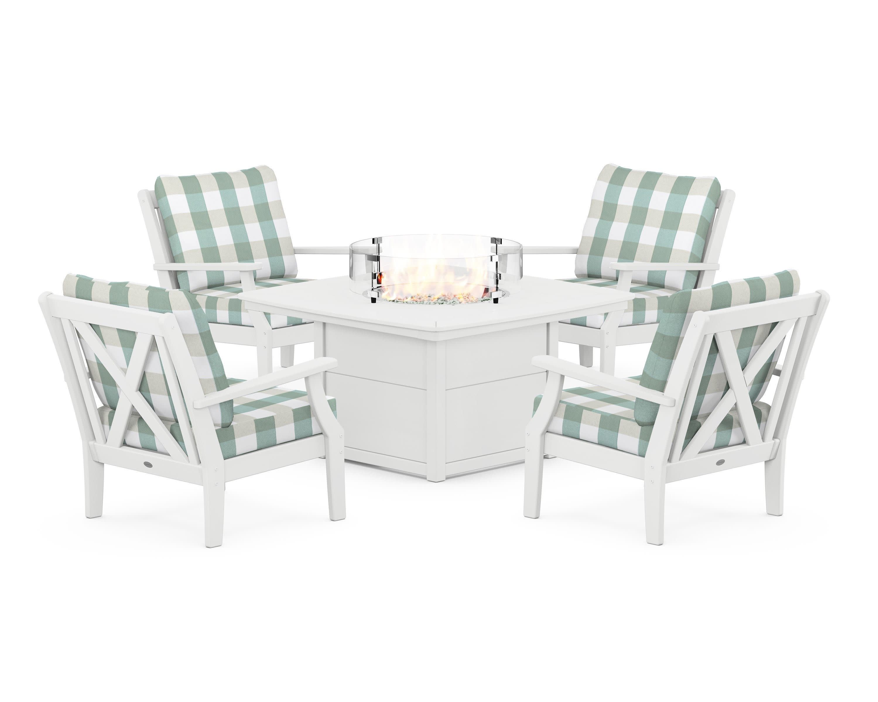 Braxton 5-Piece Deep Seating Conversation Set with Fire Pit Table in White / Buffalo Plaid Glacier Spa