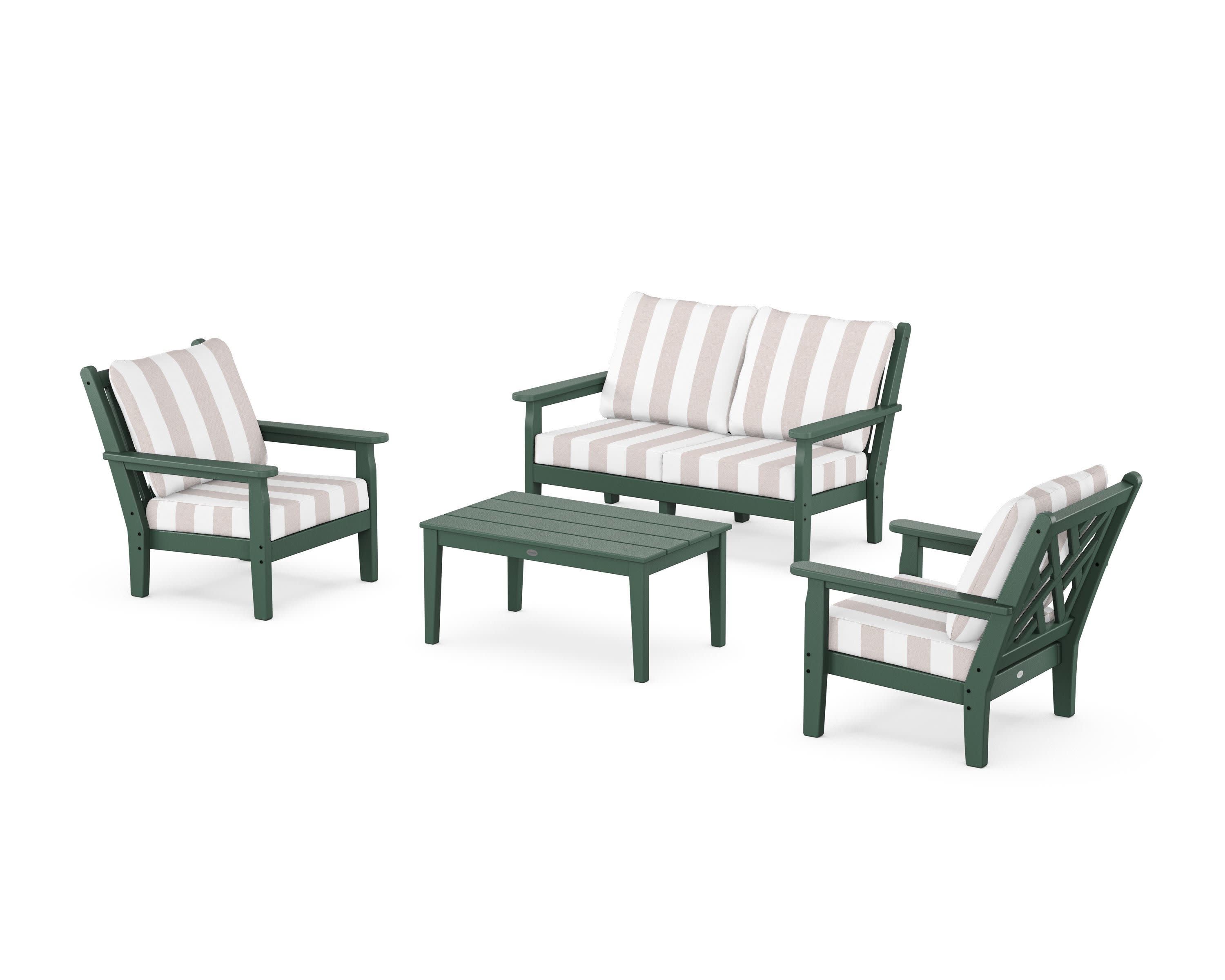 Chippendale 4-Piece Deep Seating Set with Loveseat in Green / Cabana Stripe Dune Burlap