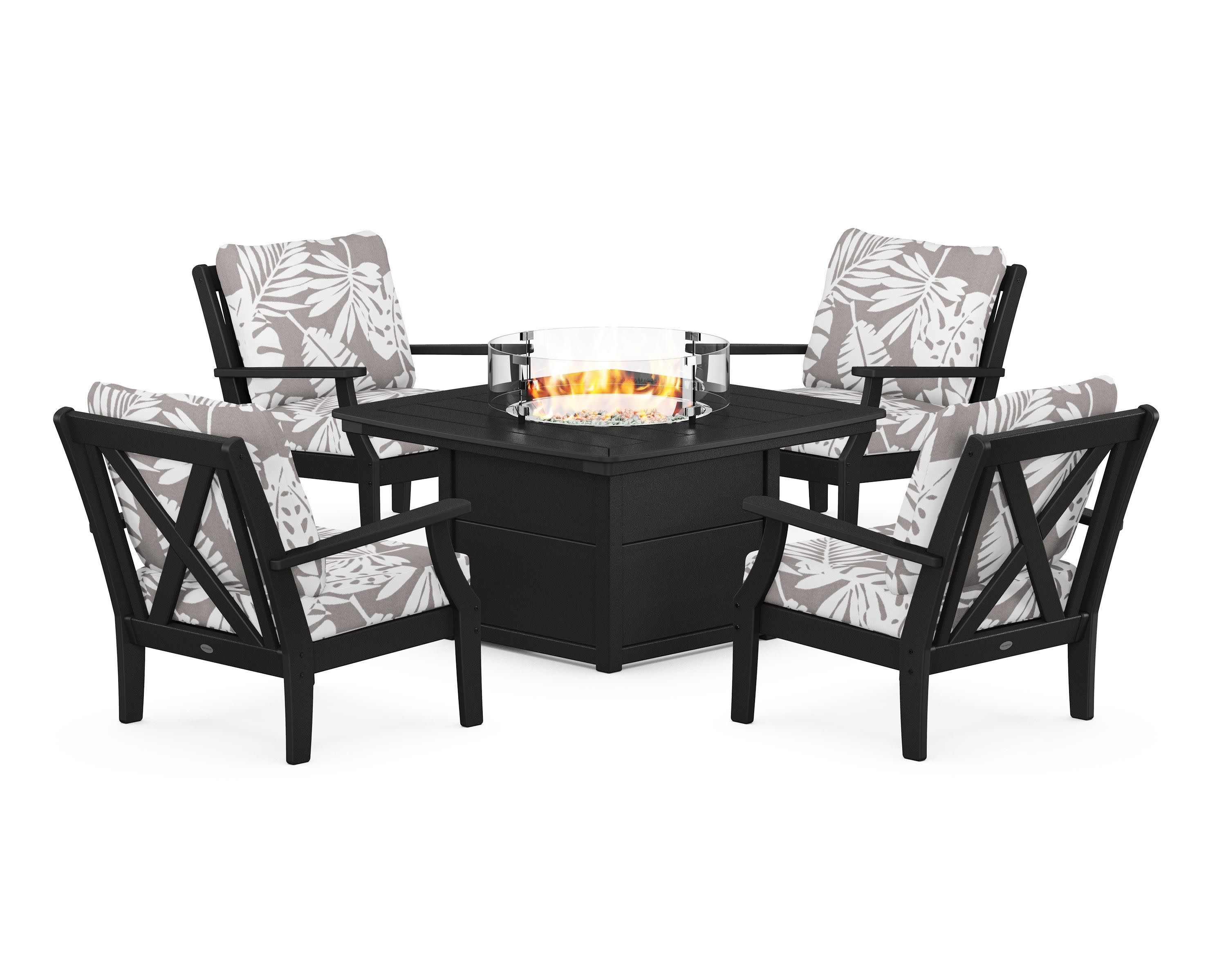 Braxton 5-Piece Deep Seating Conversation Set with Fire Pit Table in Black / Leaf Grey Mist