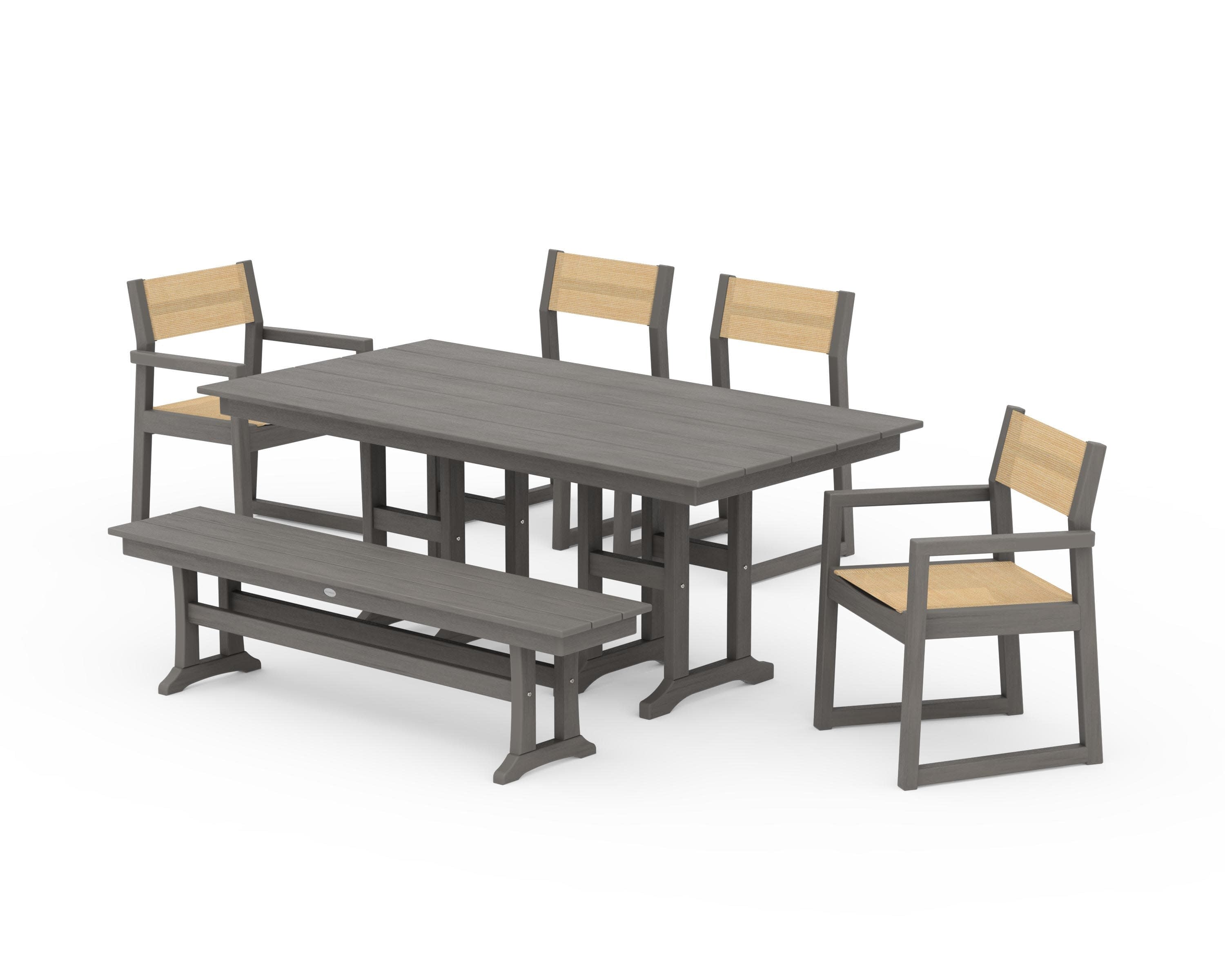 EDGE Sling 6-Piece Farmhouse Dining Set in Driftwood / Dupioni Apricot Sling