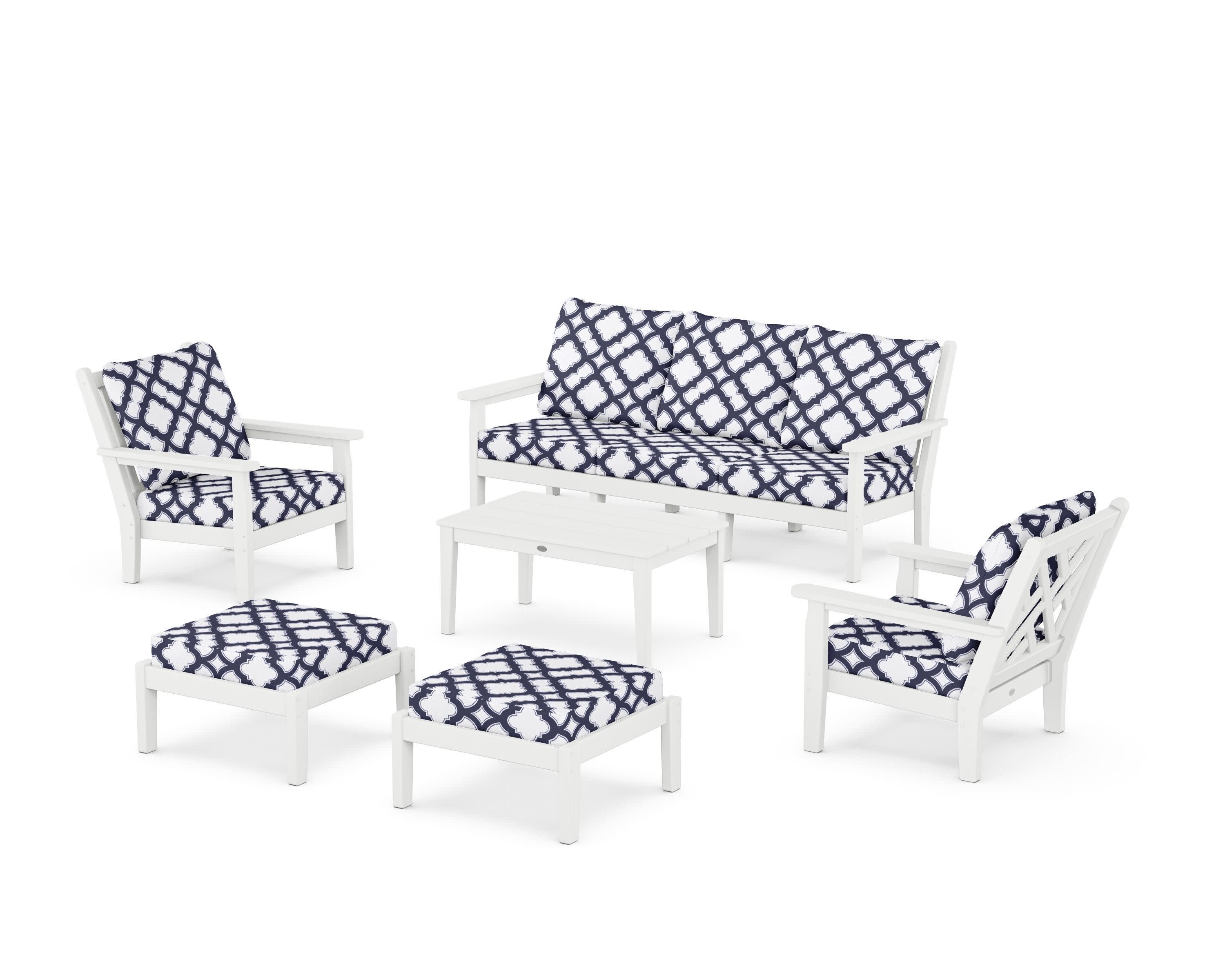 Chippendale 6-Piece Lounge Sofa Set in White / Trellis Navy