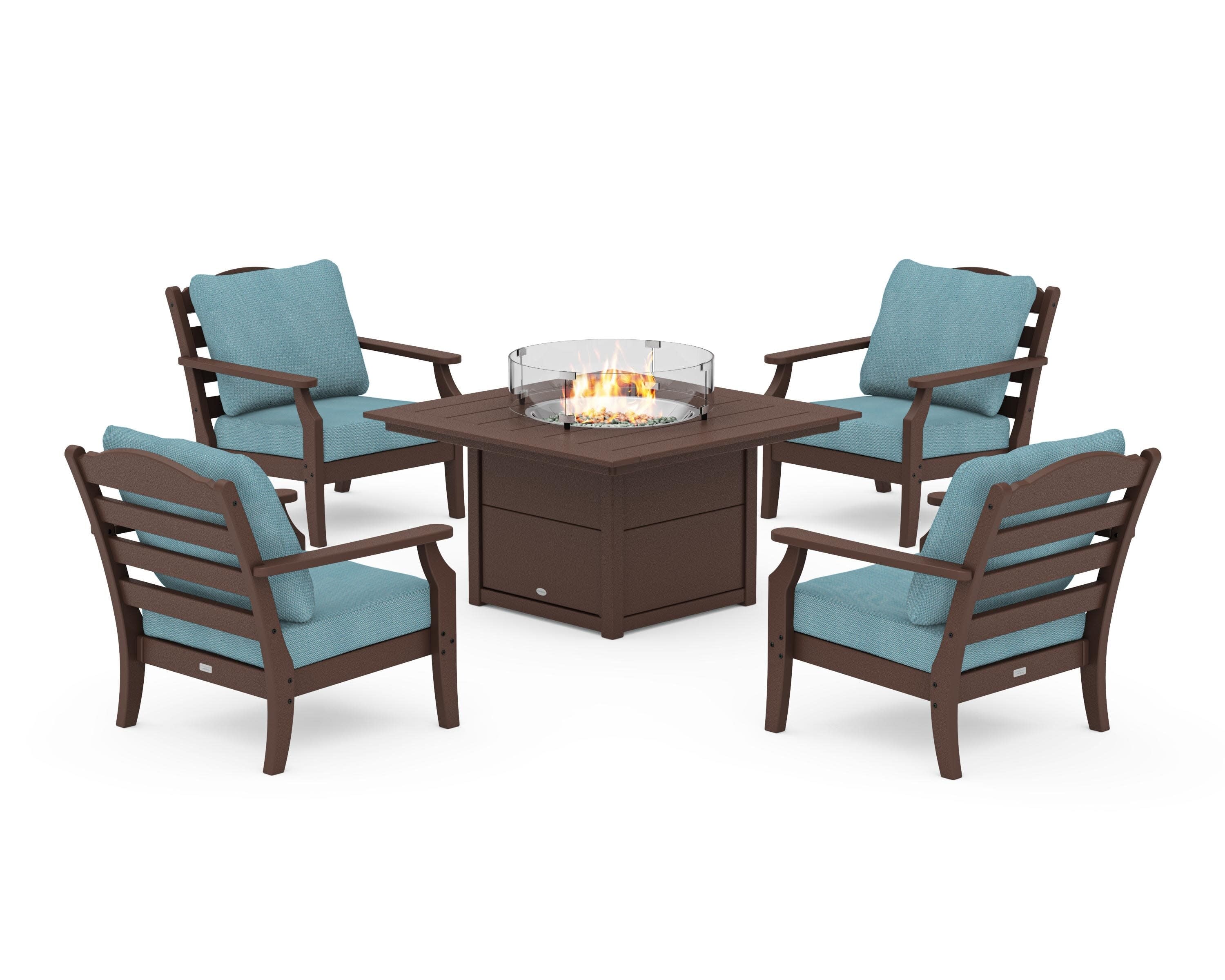 Savannah 5-Piece Deep Seating Set with Fire Pit Table in Mahogany / Lattice Sky Blue