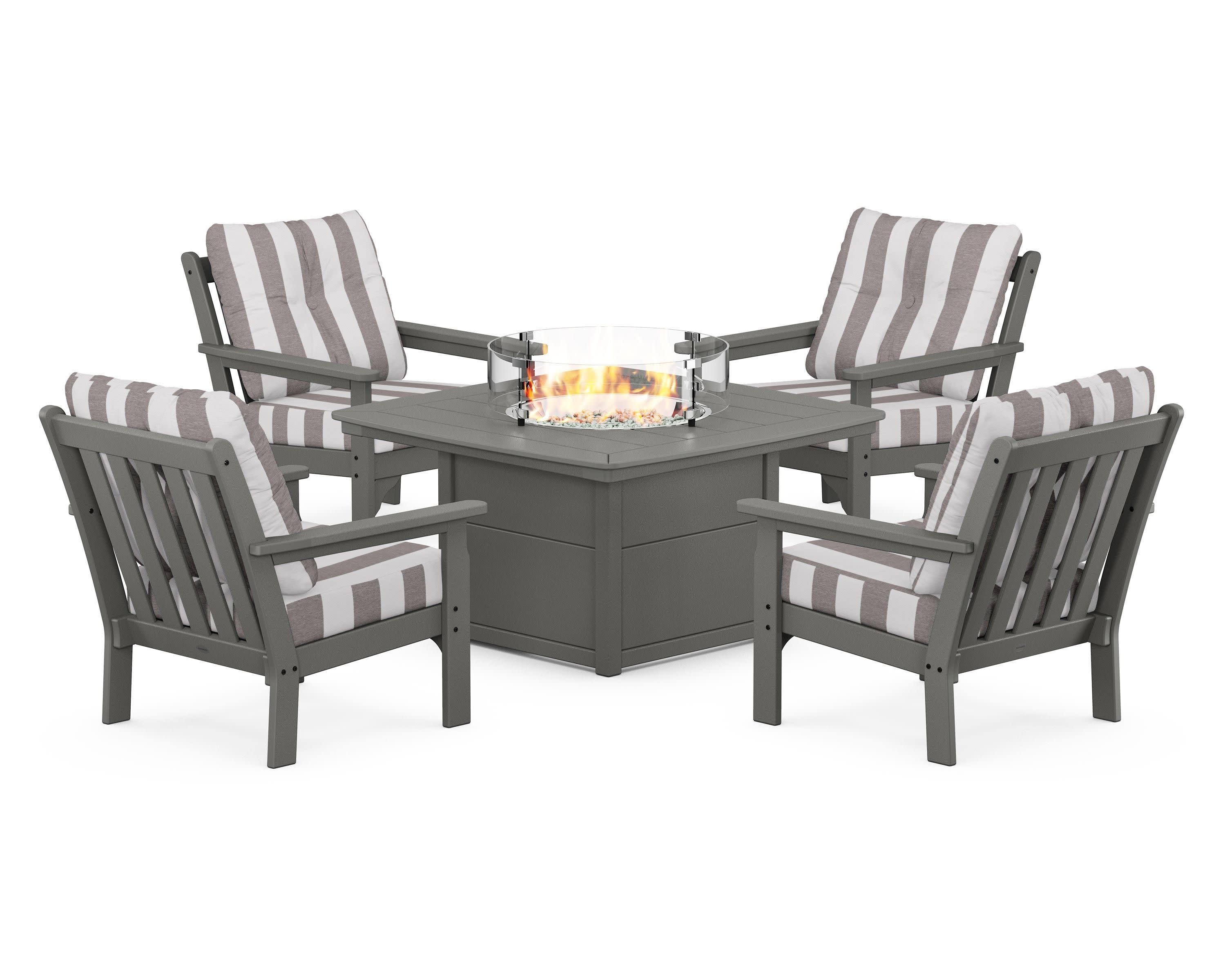 Vineyard 5-Piece Conversation Set with Fire Pit Table in Slate Grey / Cabana Stripe Grey Mist
