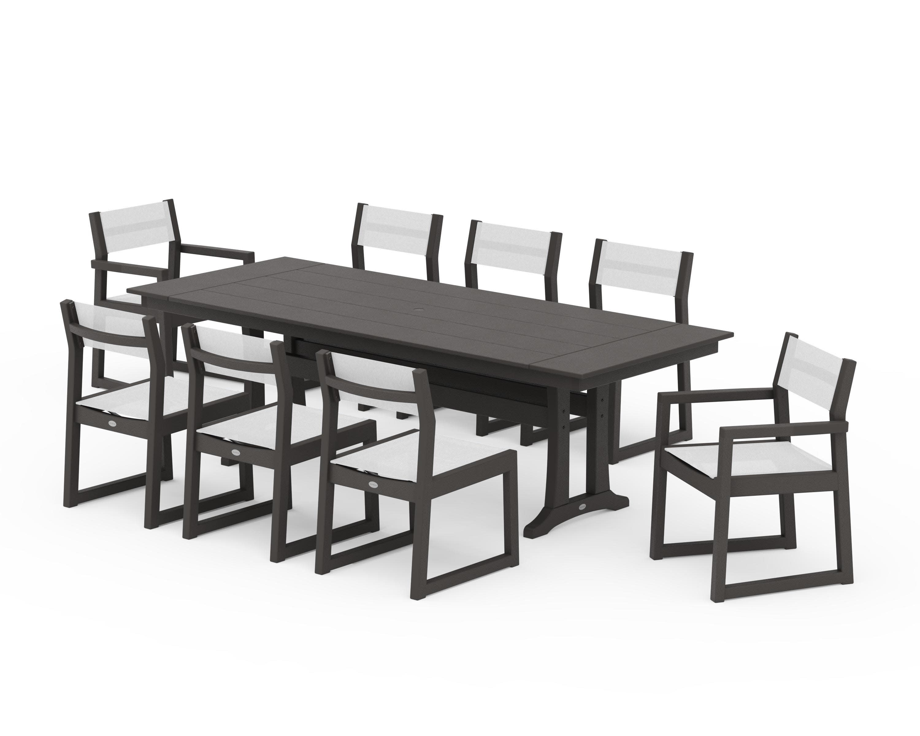 EDGE Sling 9-Piece Farmhouse Trestle Dining Set in Vintage Coffee / White Sling