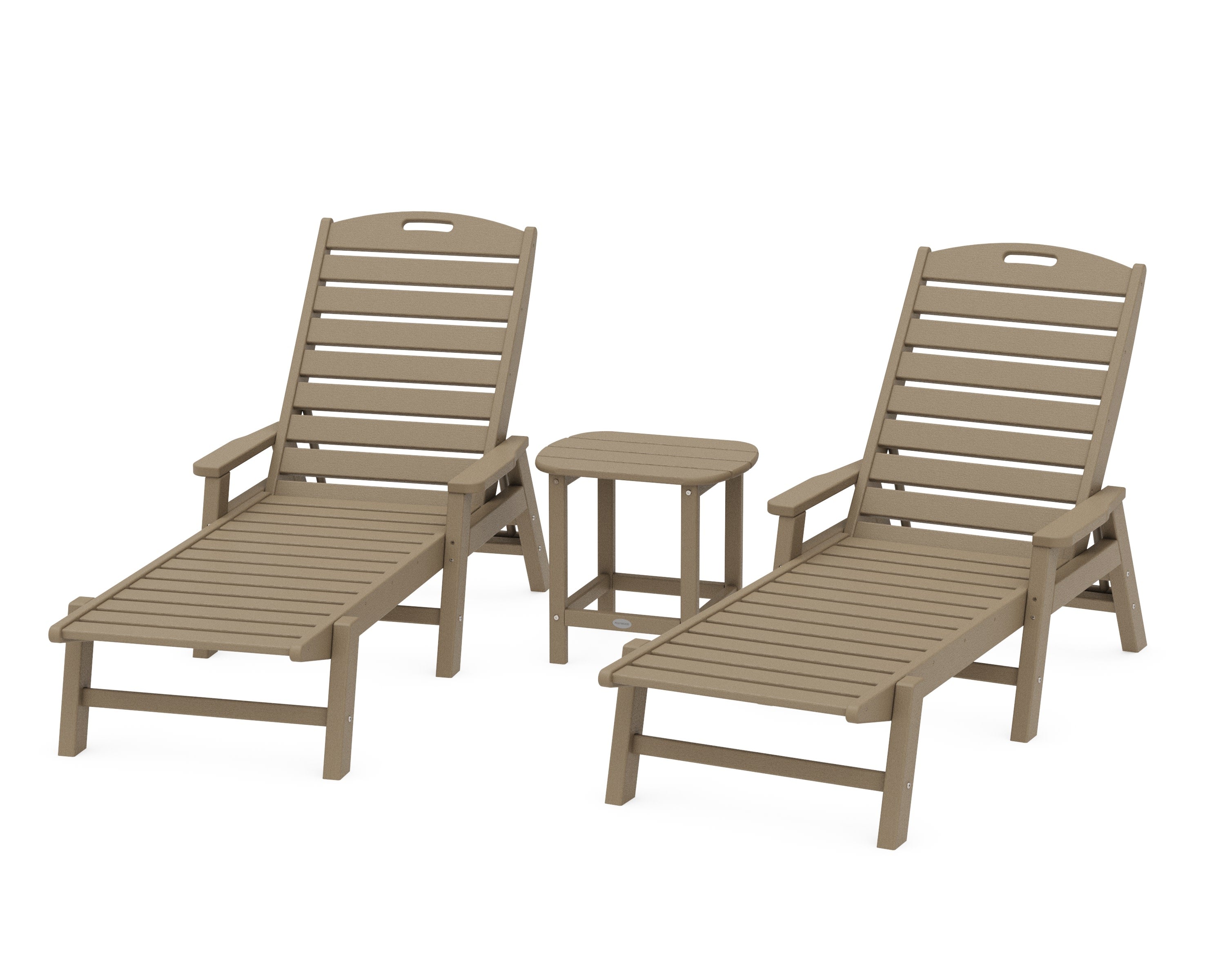 Nautical 3-Piece Chaise Lounge with Arms Set with South Beach 18" Side Table in Vintage Sahara