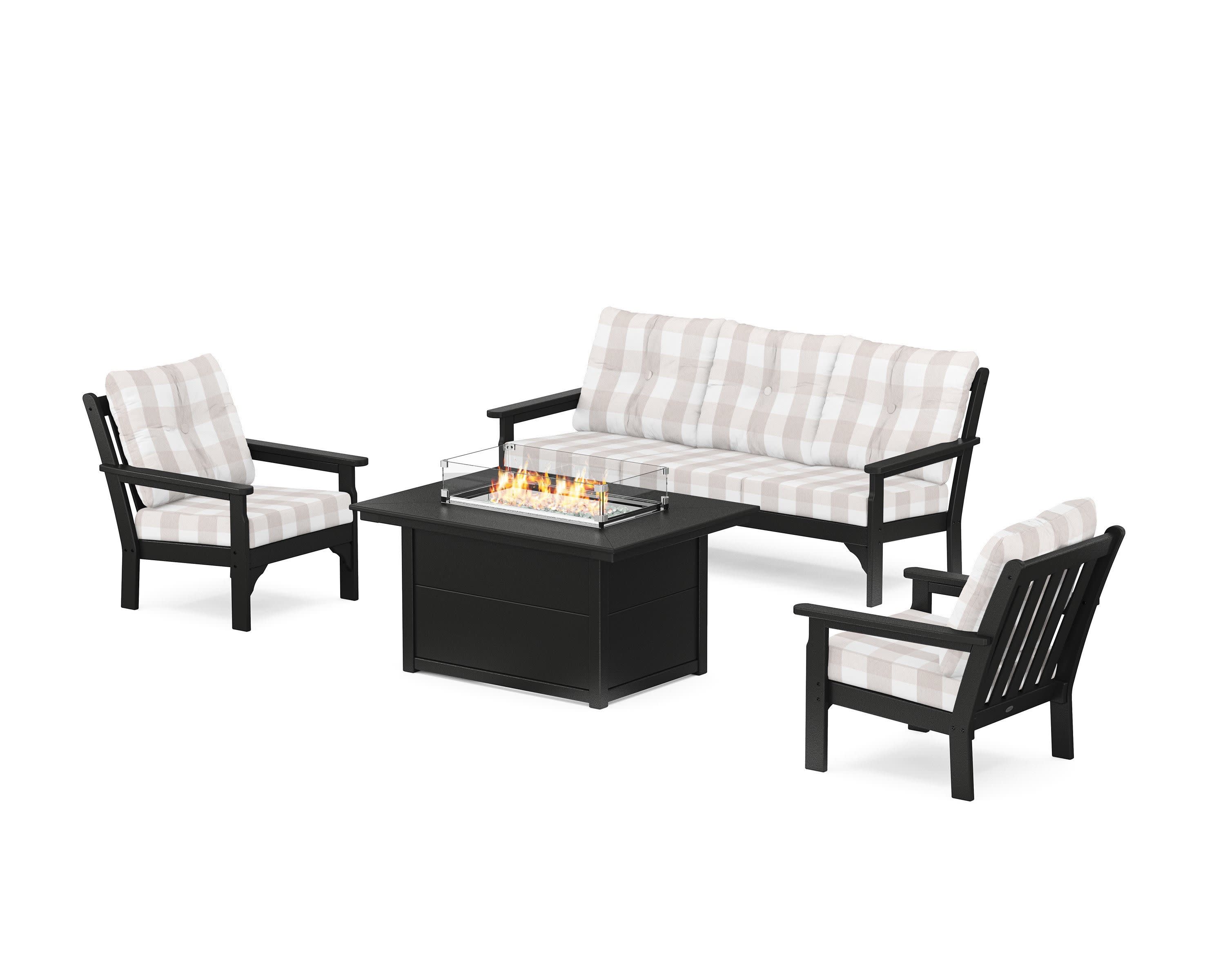 Vineyard Deep Seating Fire Pit Table Set in Black / Buffalo Plaid Dune Burlap