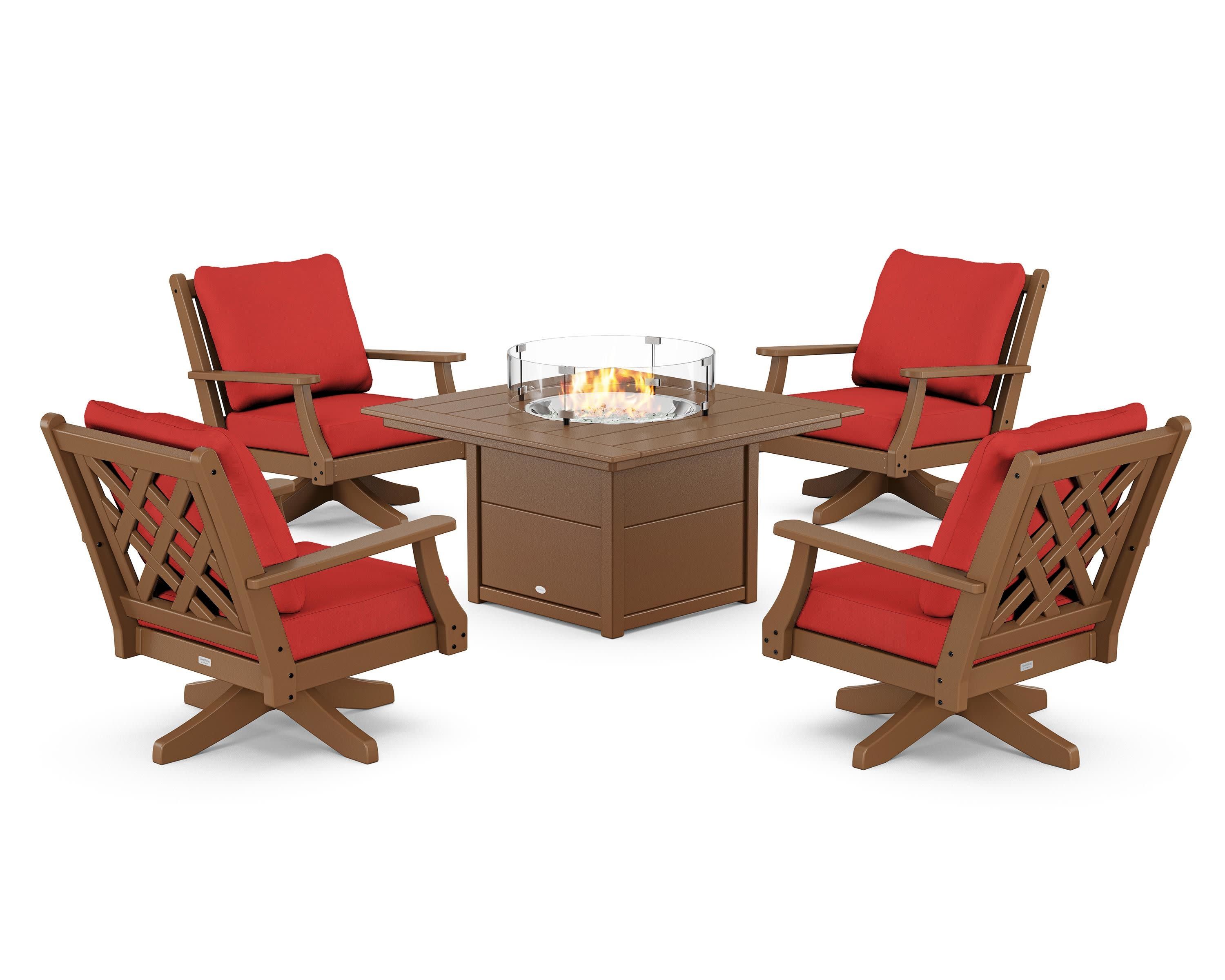 Wovendale 5-Piece Deep Seating Swivel Conversation Set with Fire Pit Table in Teak / Crimson Linen