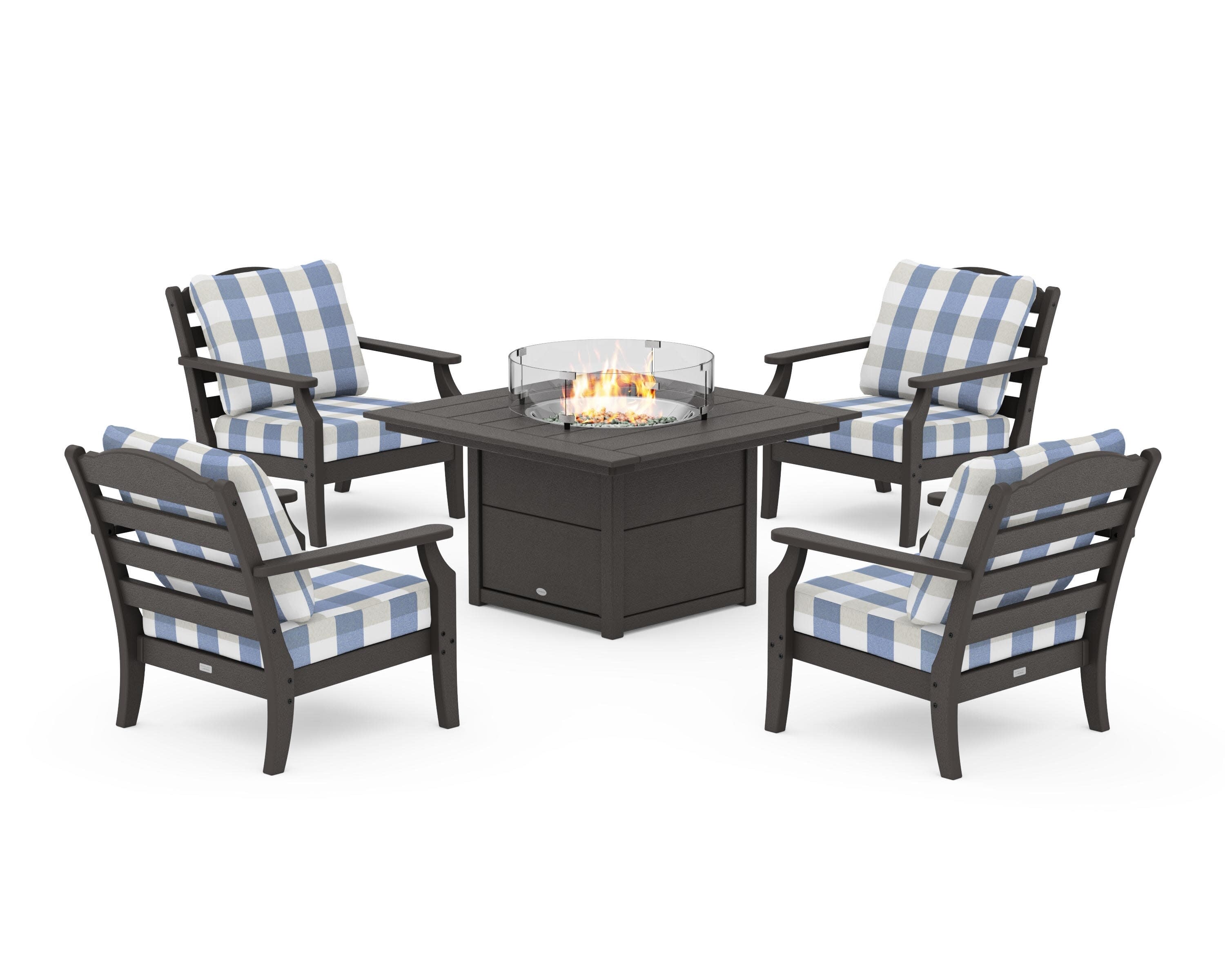 Savannah 5-Piece Deep Seating Set with Fire Pit Table in Vintage Coffee / Buffalo Plaid Sky Blue