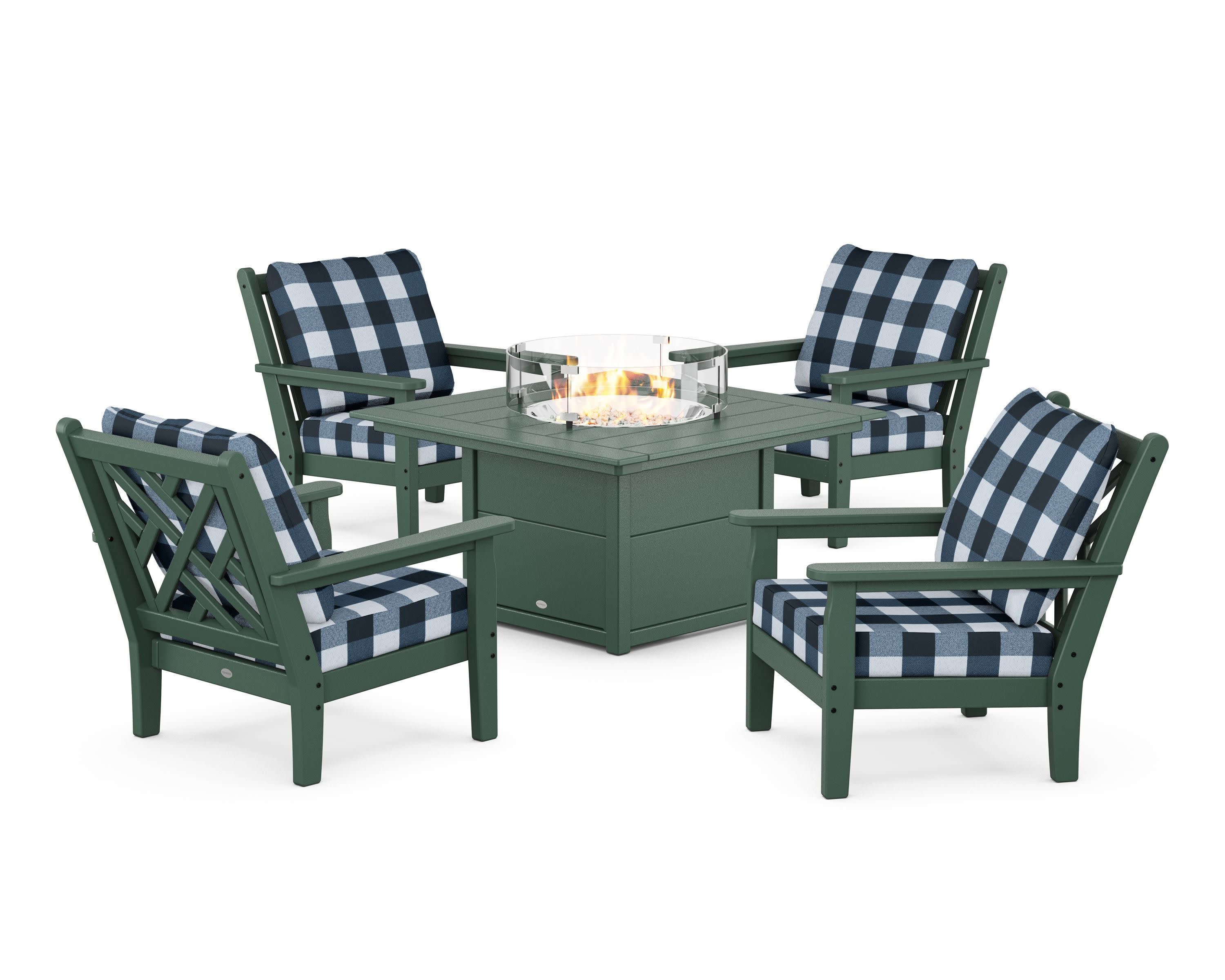 Chippendale 5-Piece Deep Seating Set with Fire Pit Table in Green / Buffalo Plaid Marine Indigo