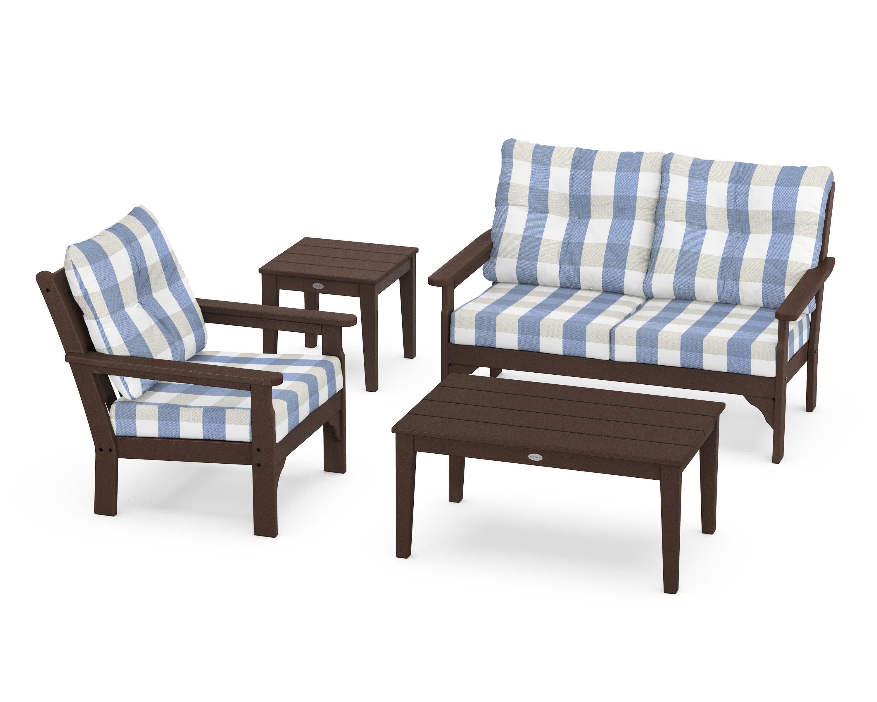 Vineyard 4-Piece Deep Seating Set in Mahogany / Buffalo Plaid Sky Blue