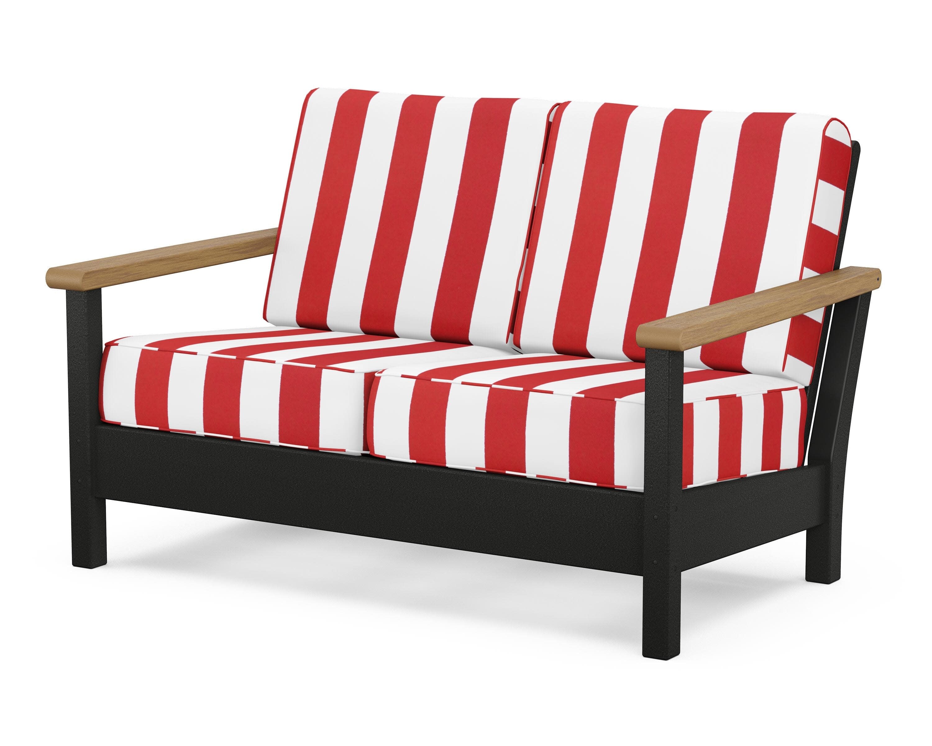 Harbour Deep Seating Loveseat in Black / Natural / Cabana Stripe Crimson