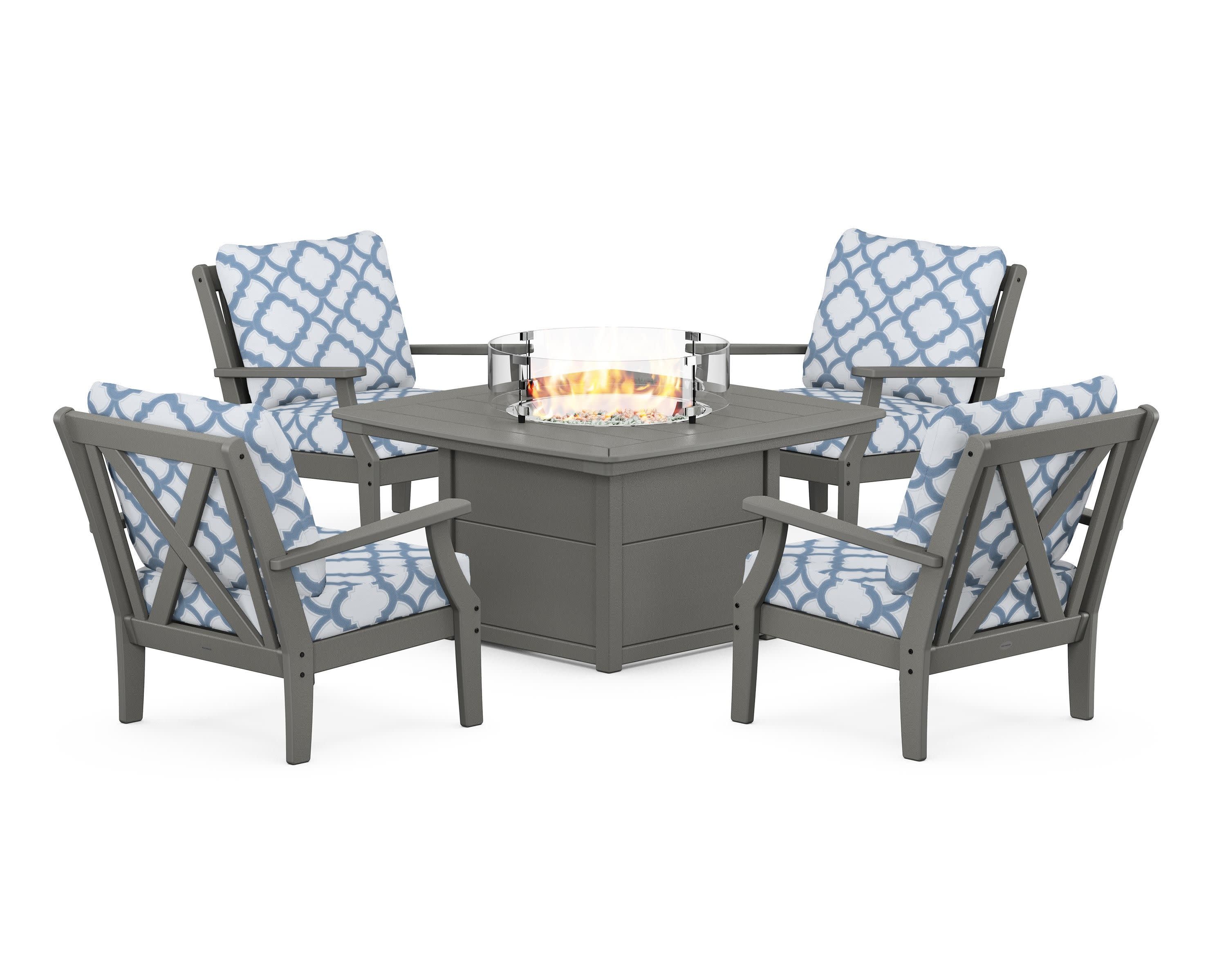 Braxton 5-Piece Deep Seating Conversation Set with Fire Pit Table in Slate Grey / Trellis Sky Blue