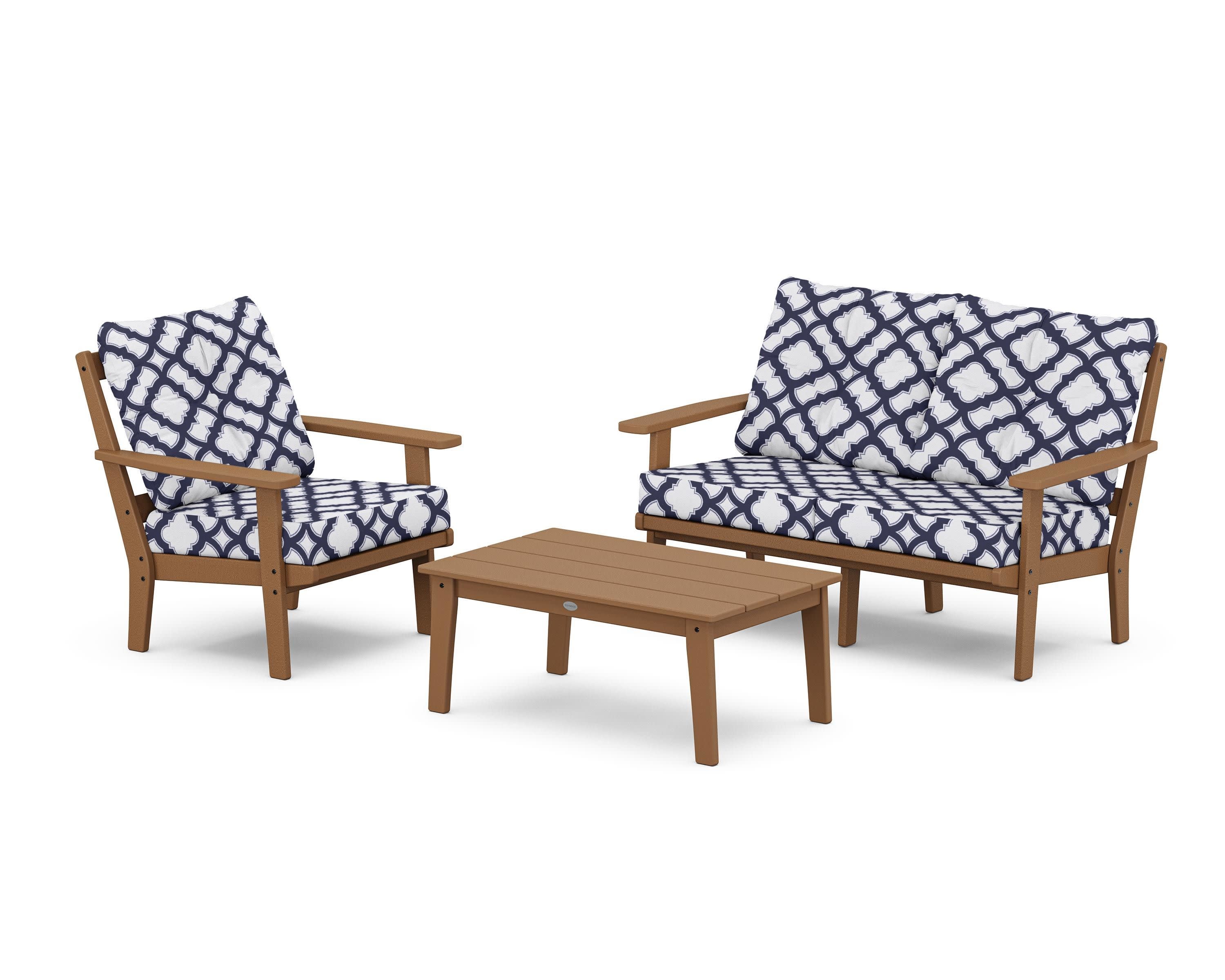 Oxford 3-Piece Deep Seating Set with Loveseat in Teak / Trellis Navy