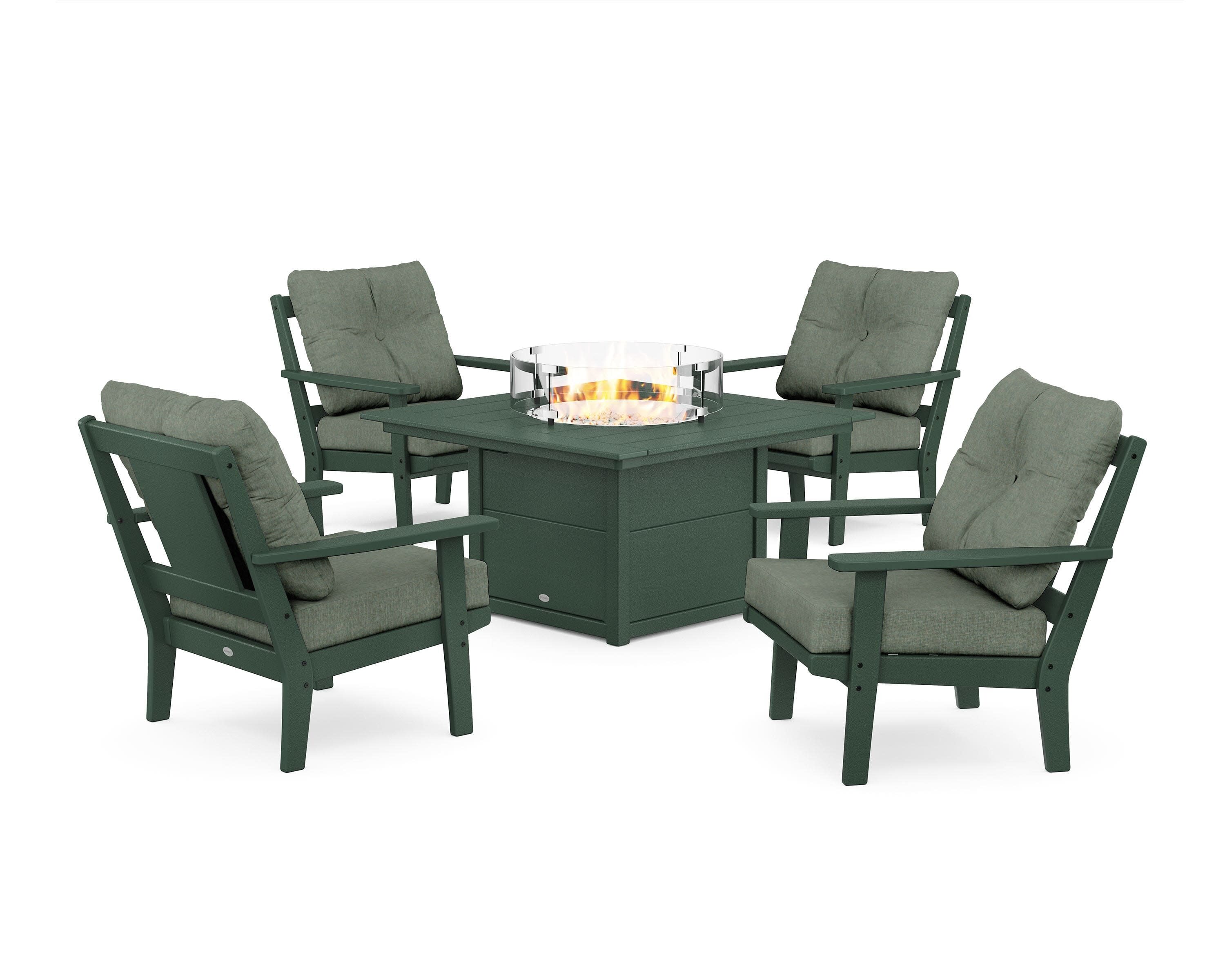Prairie 5-Piece Deep Seating Set with Fire Pit Table in Green / Cast Sage