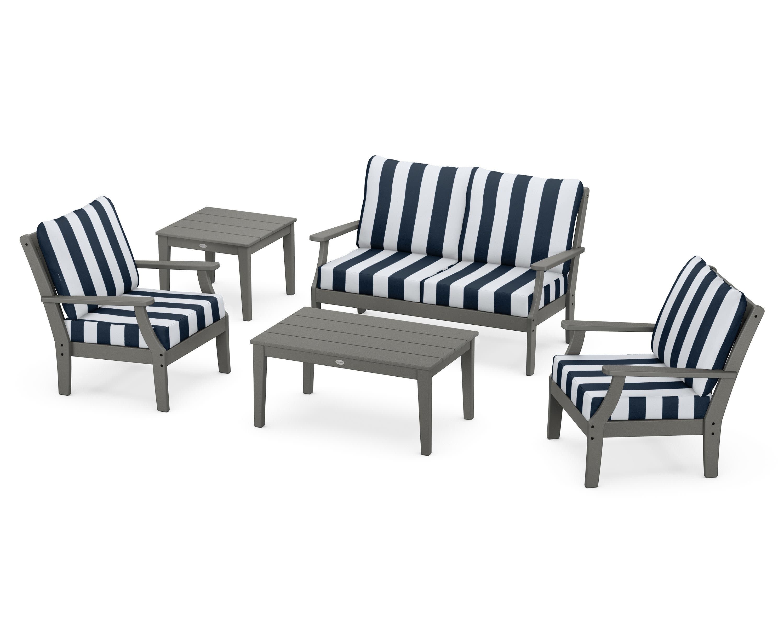 Braxton 5-Piece Deep Seating Set in Slate Grey / Cabana Stripe Marine Indigo