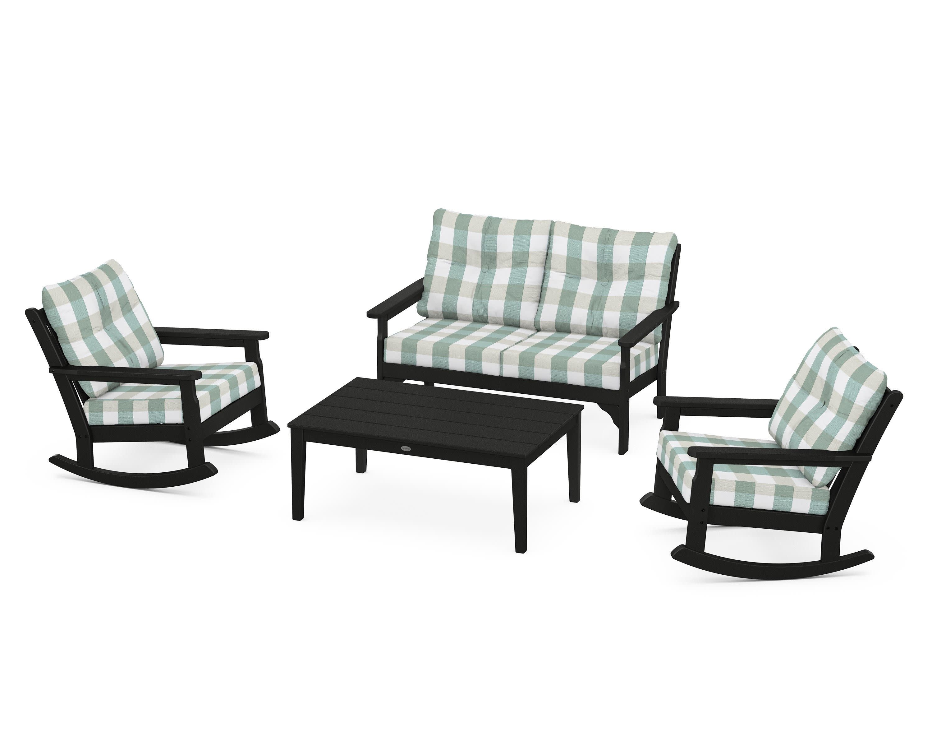 Vineyard 4-Piece Deep Seating Rocking Chair Set in Black / Buffalo Plaid Glacier Spa