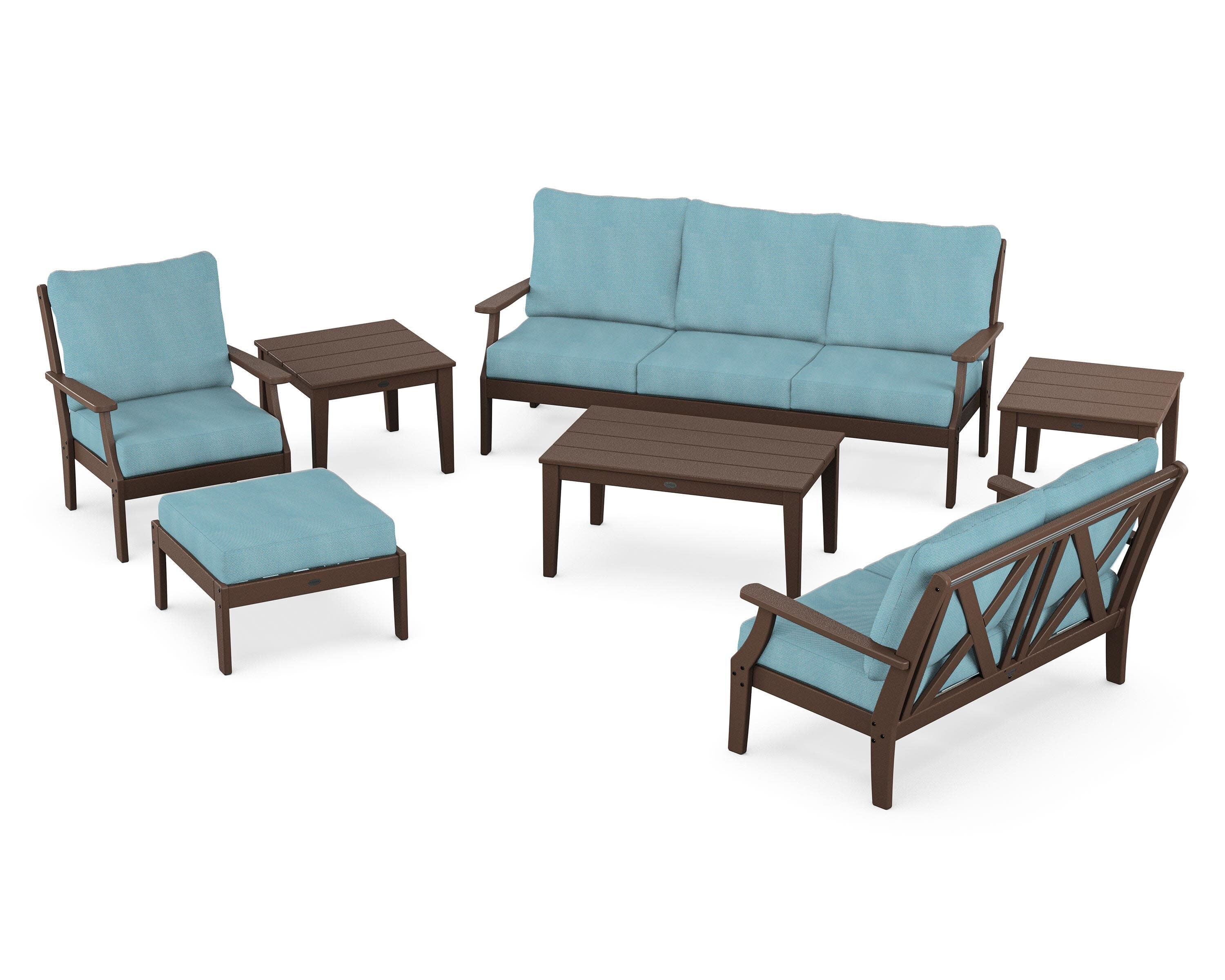 Braxton 7-Piece Deep Seating Set in Mahogany / Lattice Sky Blue