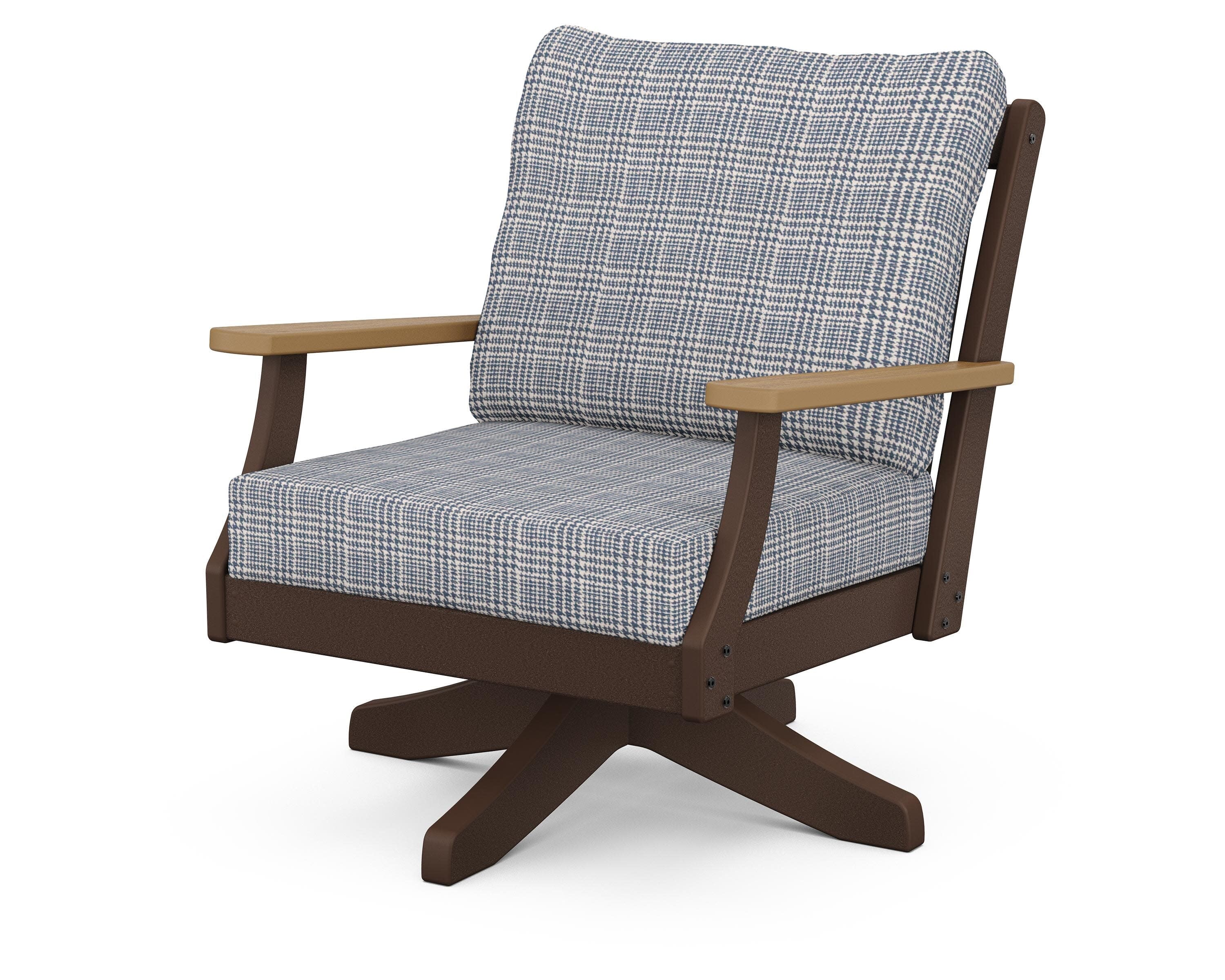 Braxton Deep Seating Swivel Chair in Mahogany / Natural / Houndstooth Sky Blue