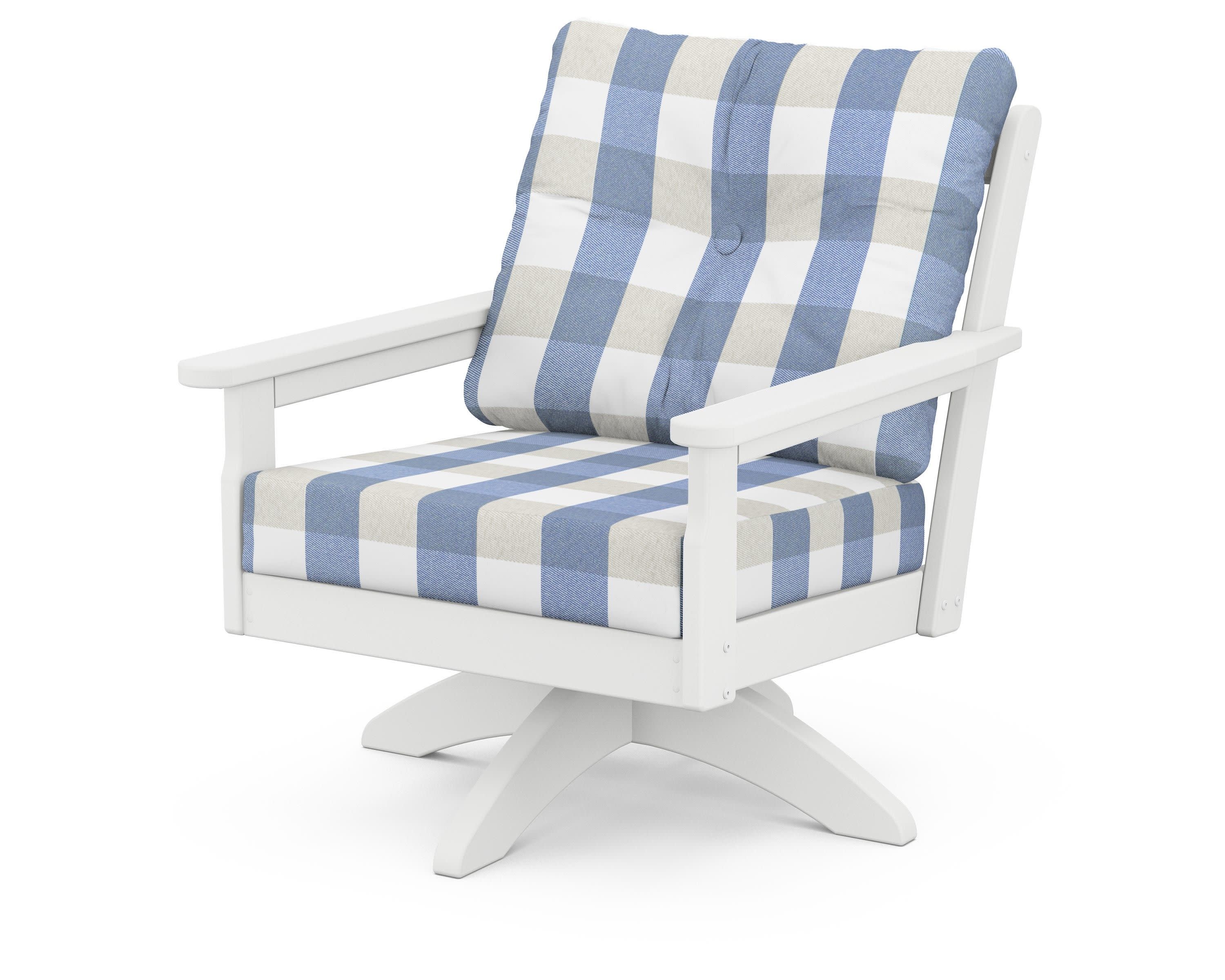 Vineyard Deep Seating Swivel Chair in White / Buffalo Plaid Sky Blue