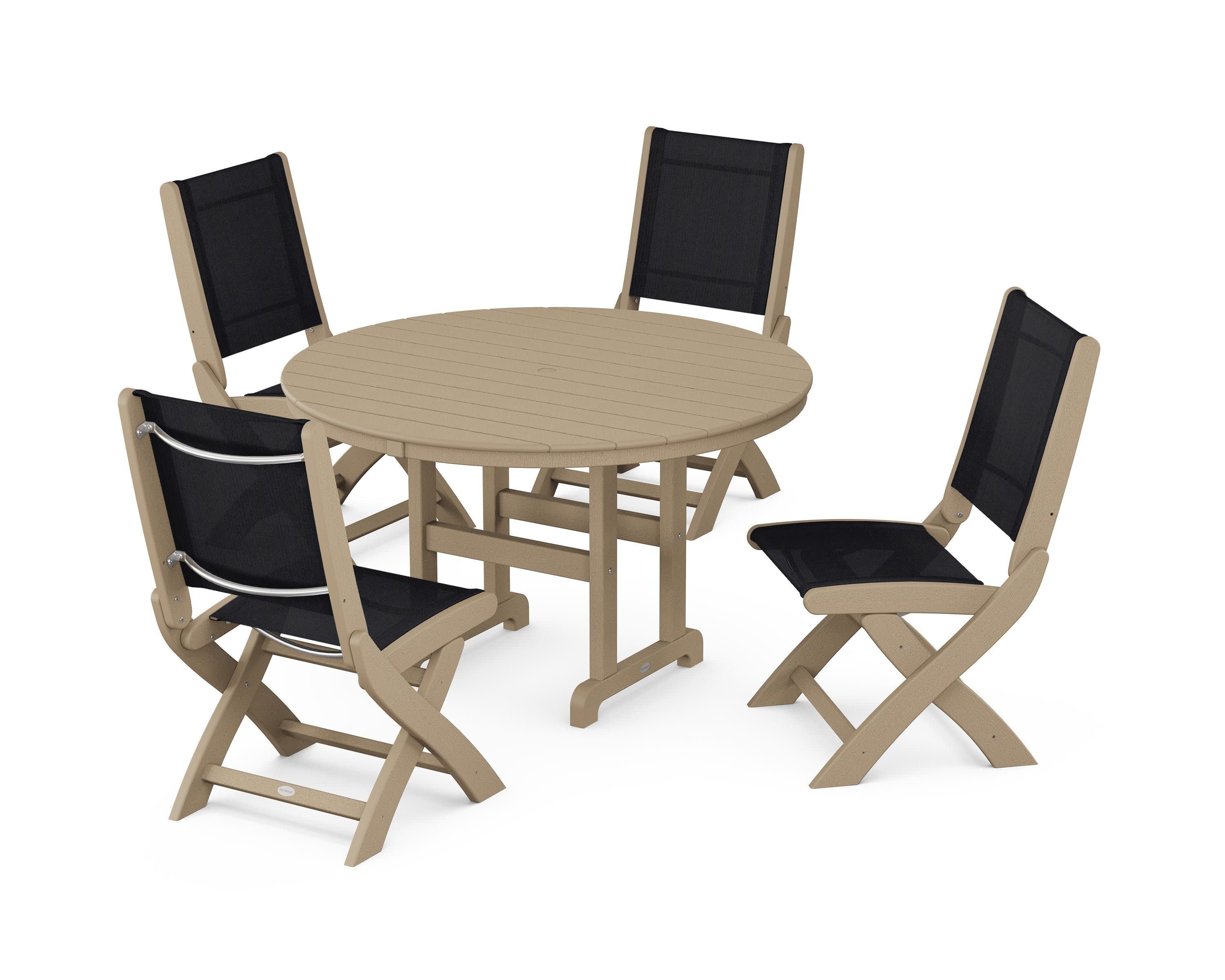 Coastal Folding Side Chair 5-Piece Round Dining Set in Vintage Sahara / Black Sling