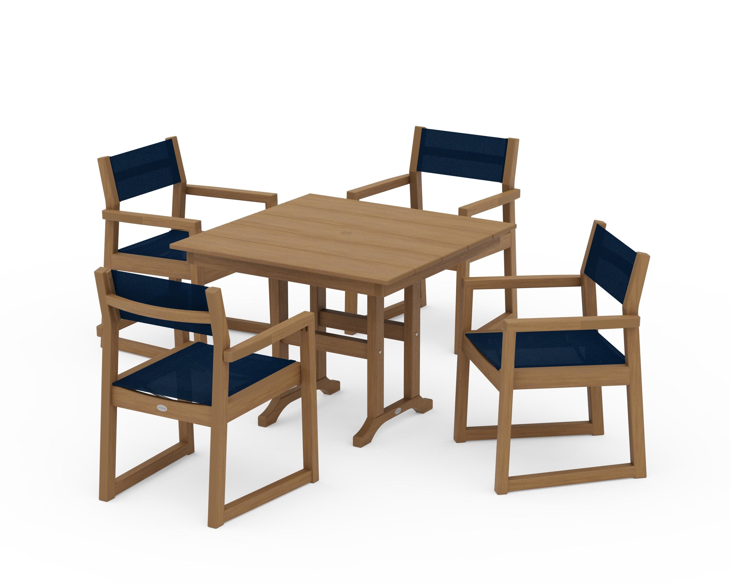 EDGE Sling Arm Chair 5-Piece Farmhouse Dining Set in Natural / Navy Blue Sling