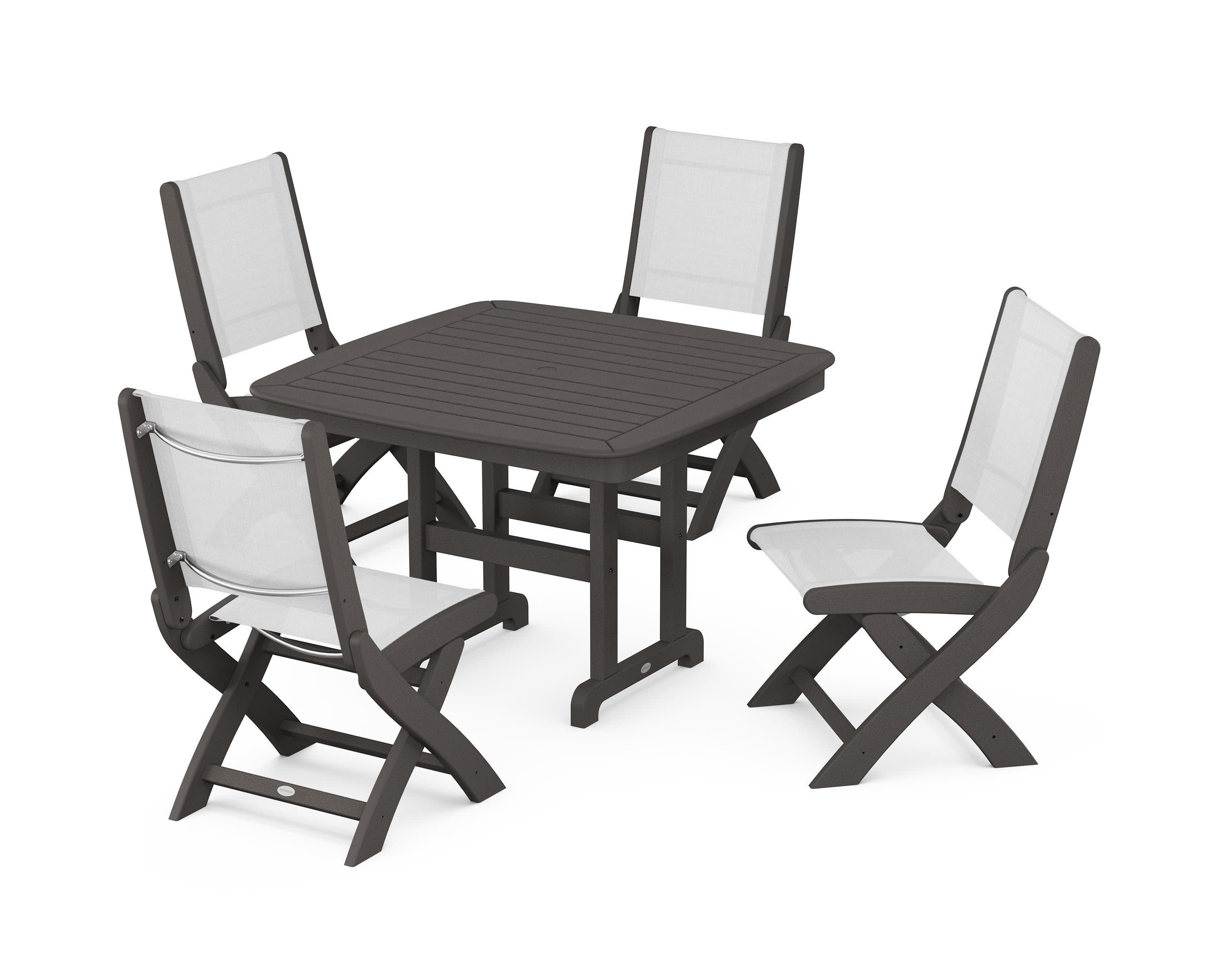 Coastal Folding Side Chair 5-Piece Dining Set in Vintage Coffee / White Sling