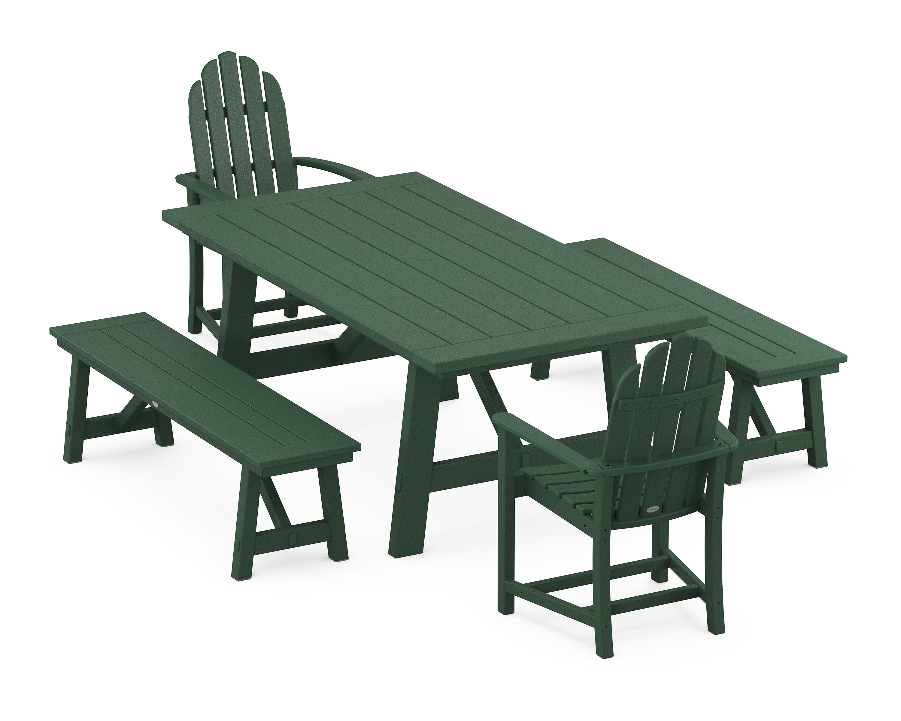 Classic Adirondack 5-Piece Rustic Farmhouse Dining Set With Benches in Green