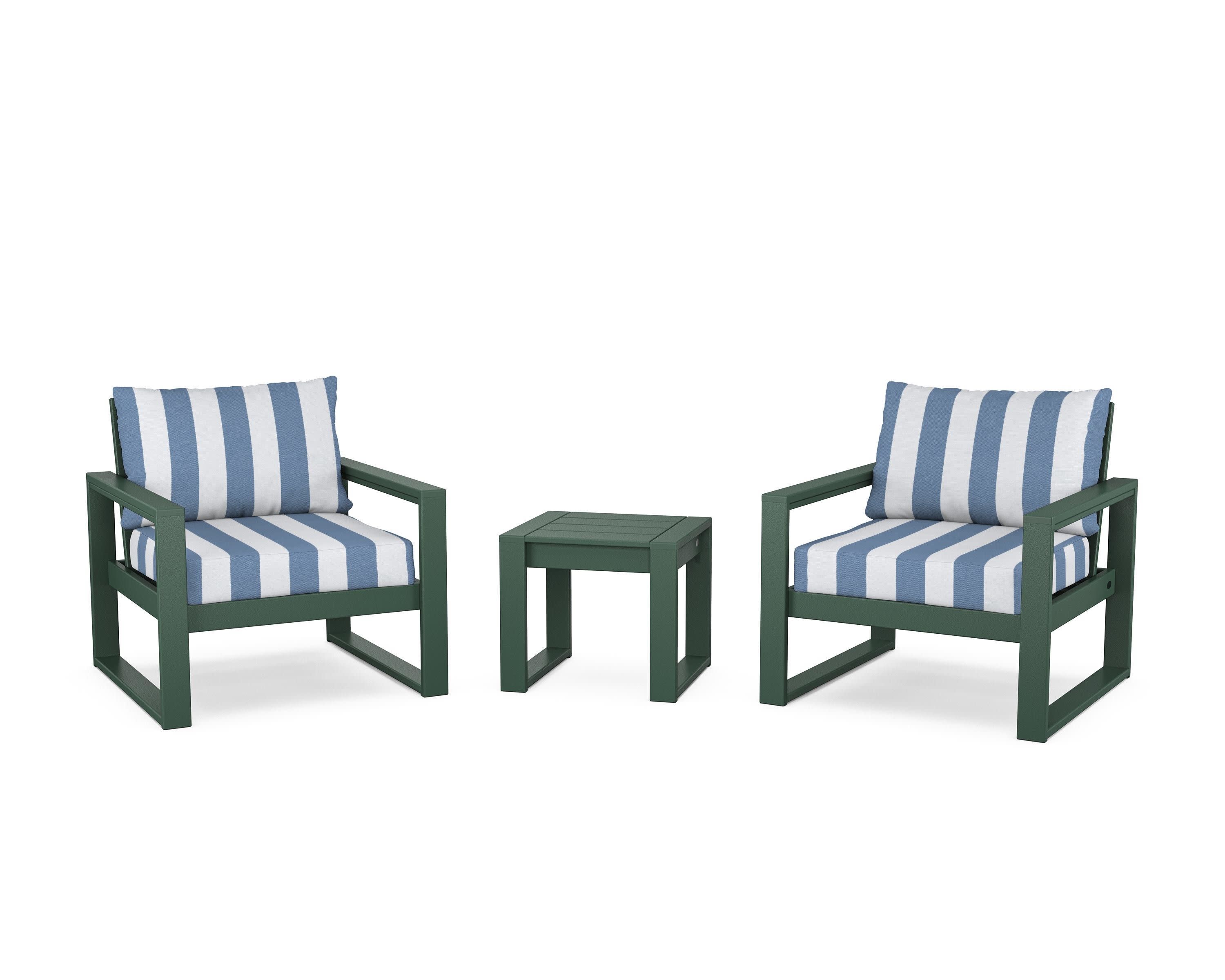 EDGE Sectional 3-Piece Deep Seating Set in Green / Cabana Stripe Sky Blue