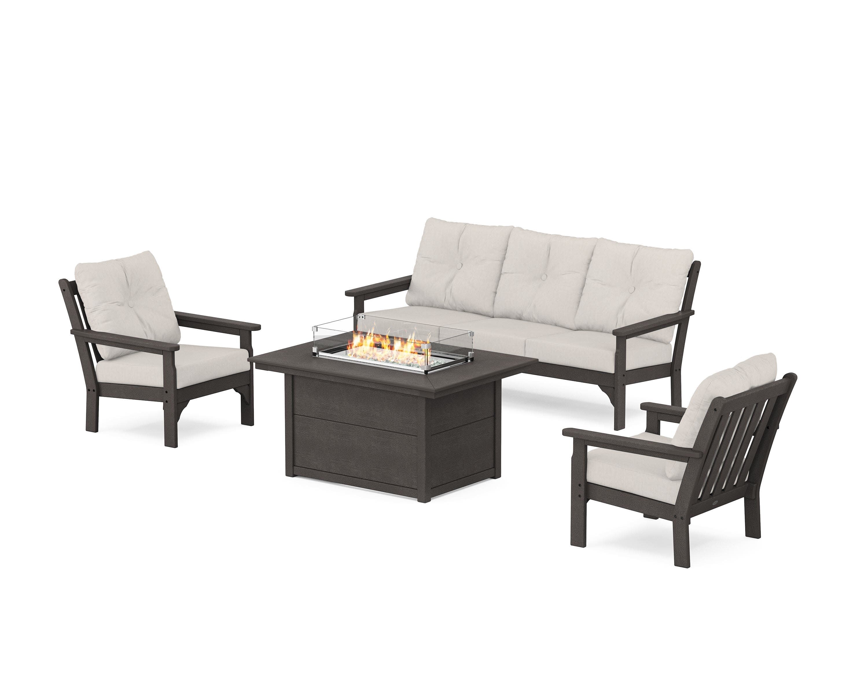 Vineyard Deep Seating Fire Pit Table Set in Vintage Coffee / Cast Ash