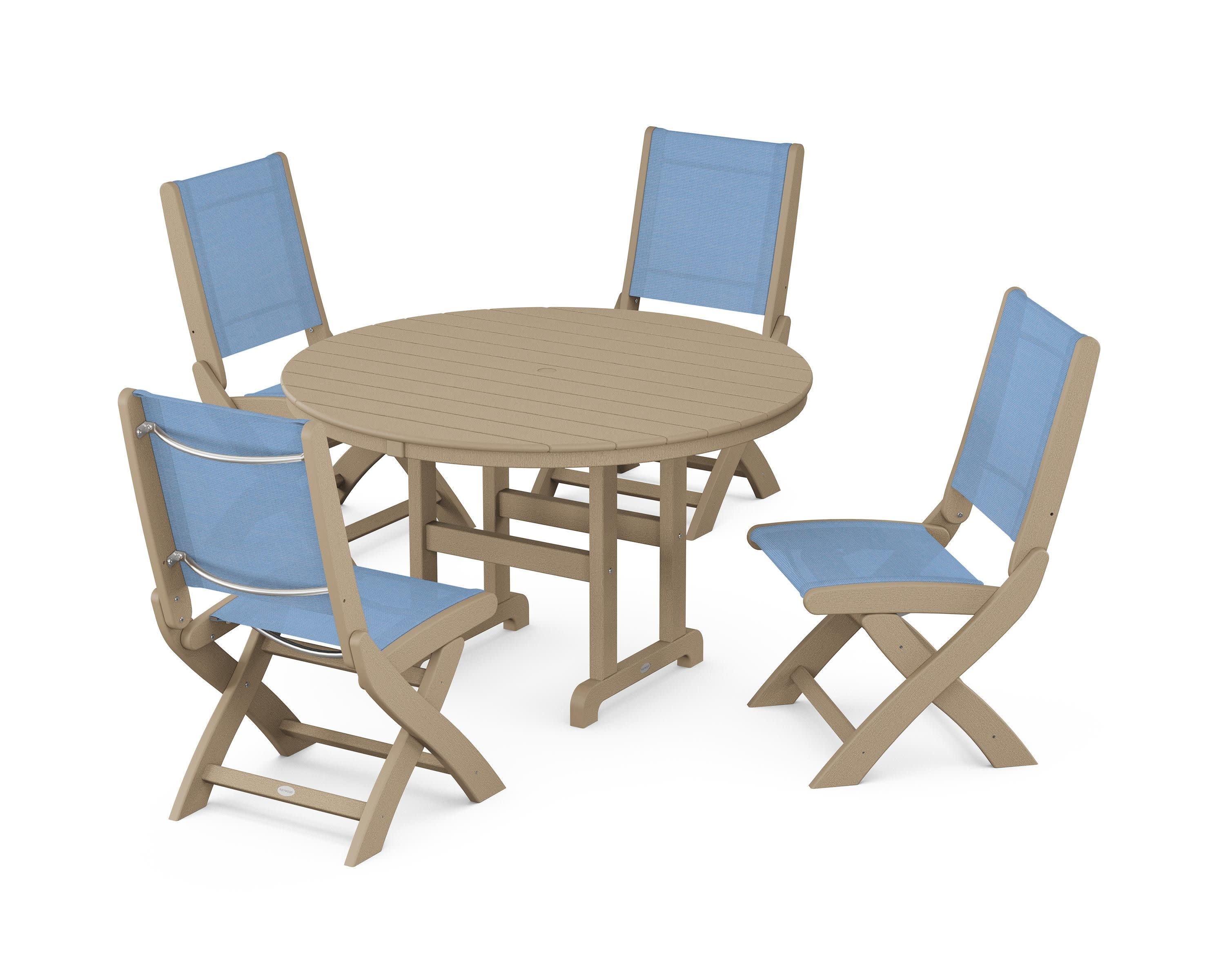Coastal Folding Side Chair 5-Piece Round Dining Set in Vintage Sahara / Poolside Sling