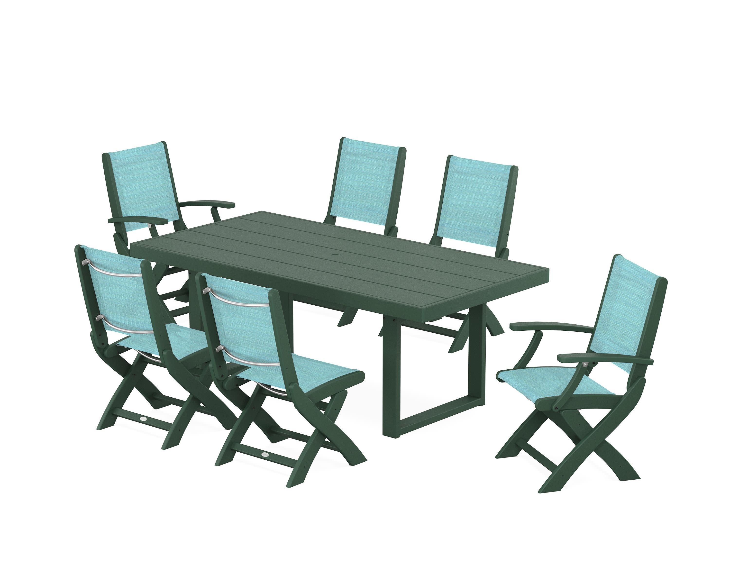 Coastal Folding Chair 7-Piece Dining Set with Trestle Legs in Green / Dupioni Aquamarine Sling