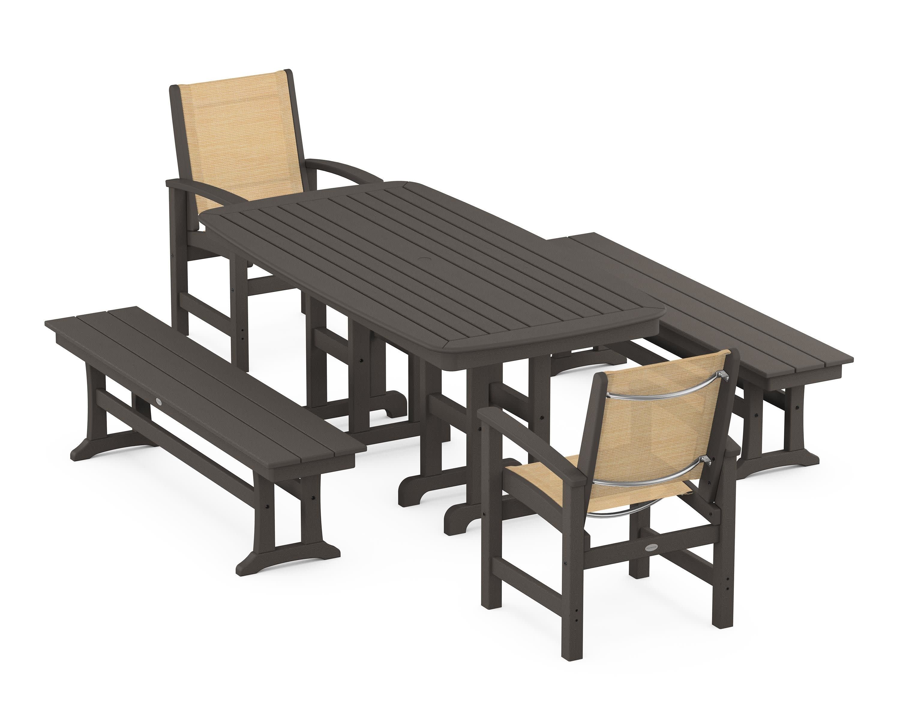 Coastal 5-Piece Dining Set in Vintage Coffee / Dupioni Apricot Sling