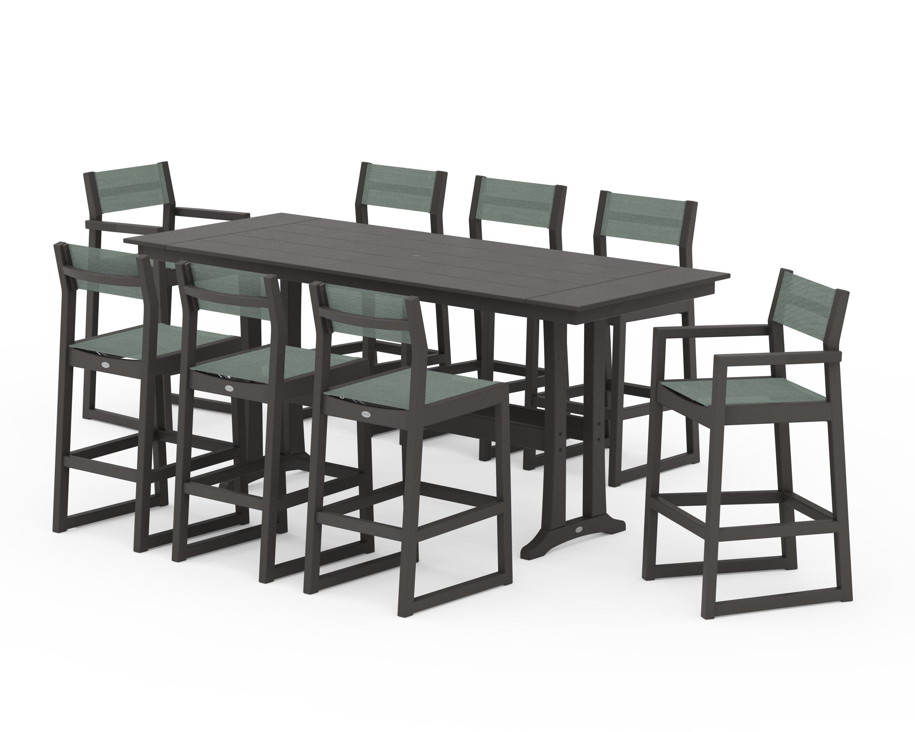 EDGE Sling 9-Piece Farmhouse Bar Set with Trestle Legs in Vintage Coffee / Dupioni Sea Mist Sling