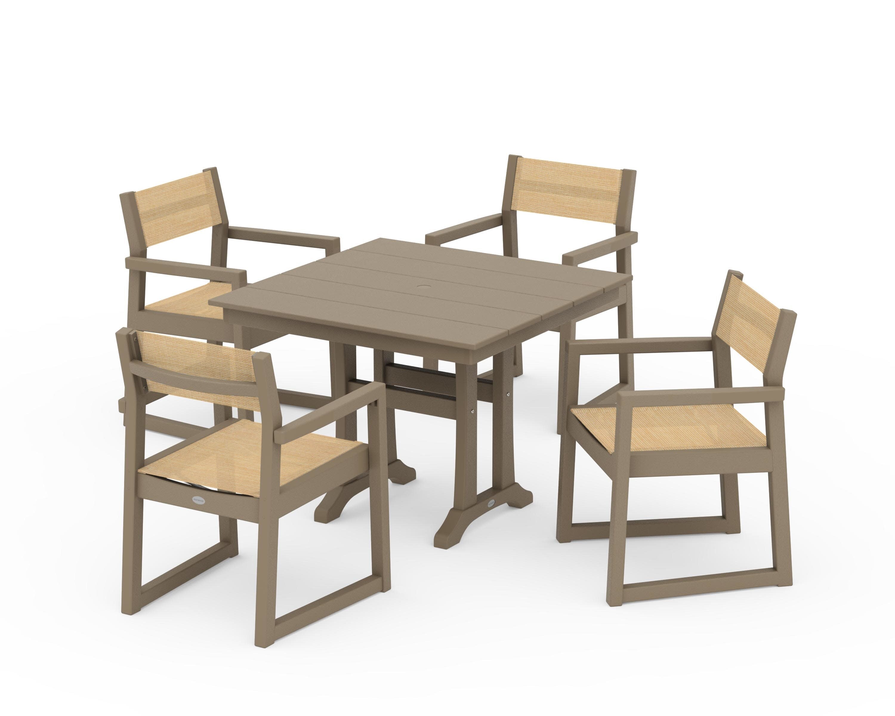 EDGE Sling 5-Piece Farmhouse Dining Set with Trestle Legs in Vintage Sahara / Dupioni Apricot Sling