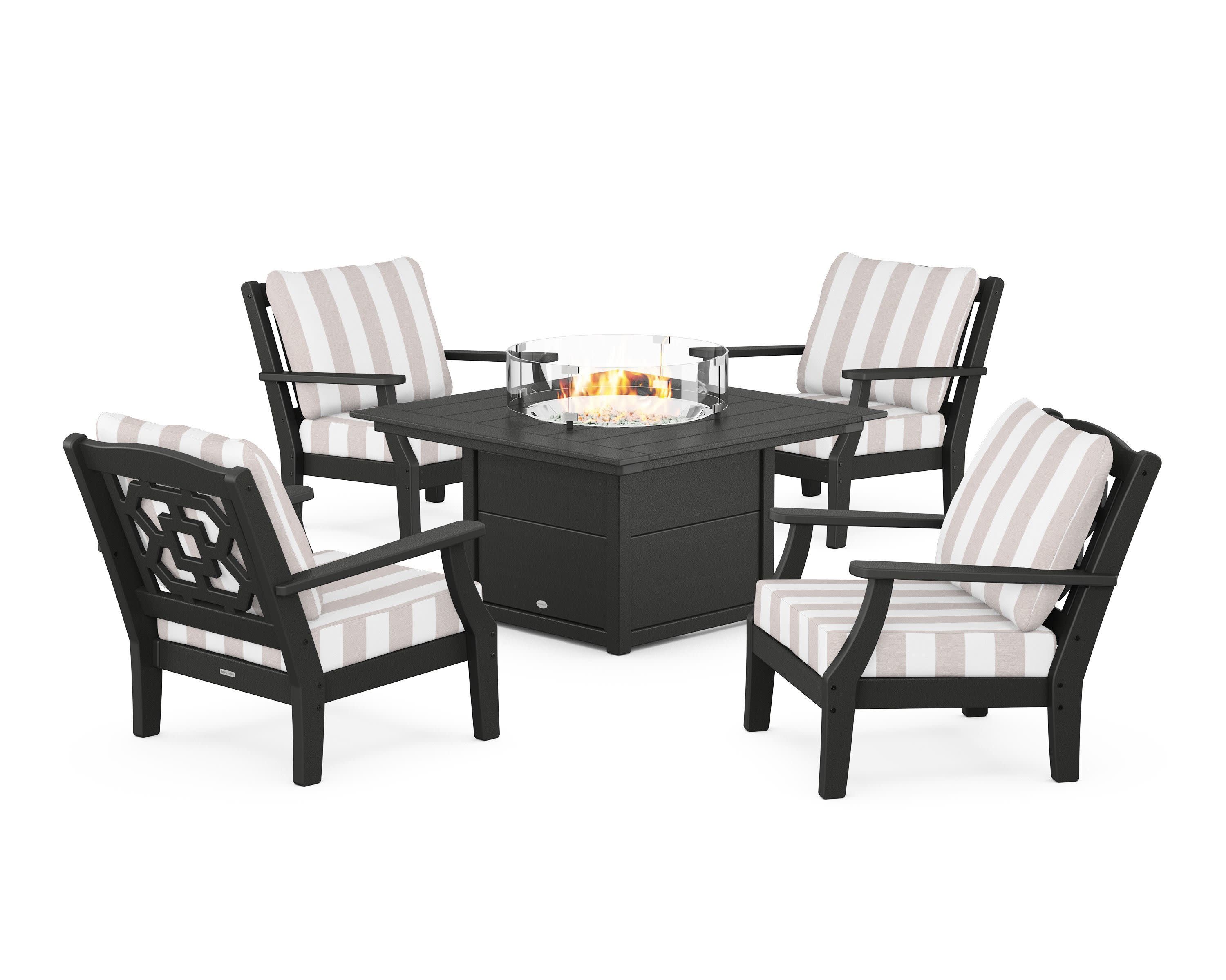 Chinoiserie 5-Piece Deep Seating Set with Fire Pit Table in Black / Cabana Stripe Dune Burlap