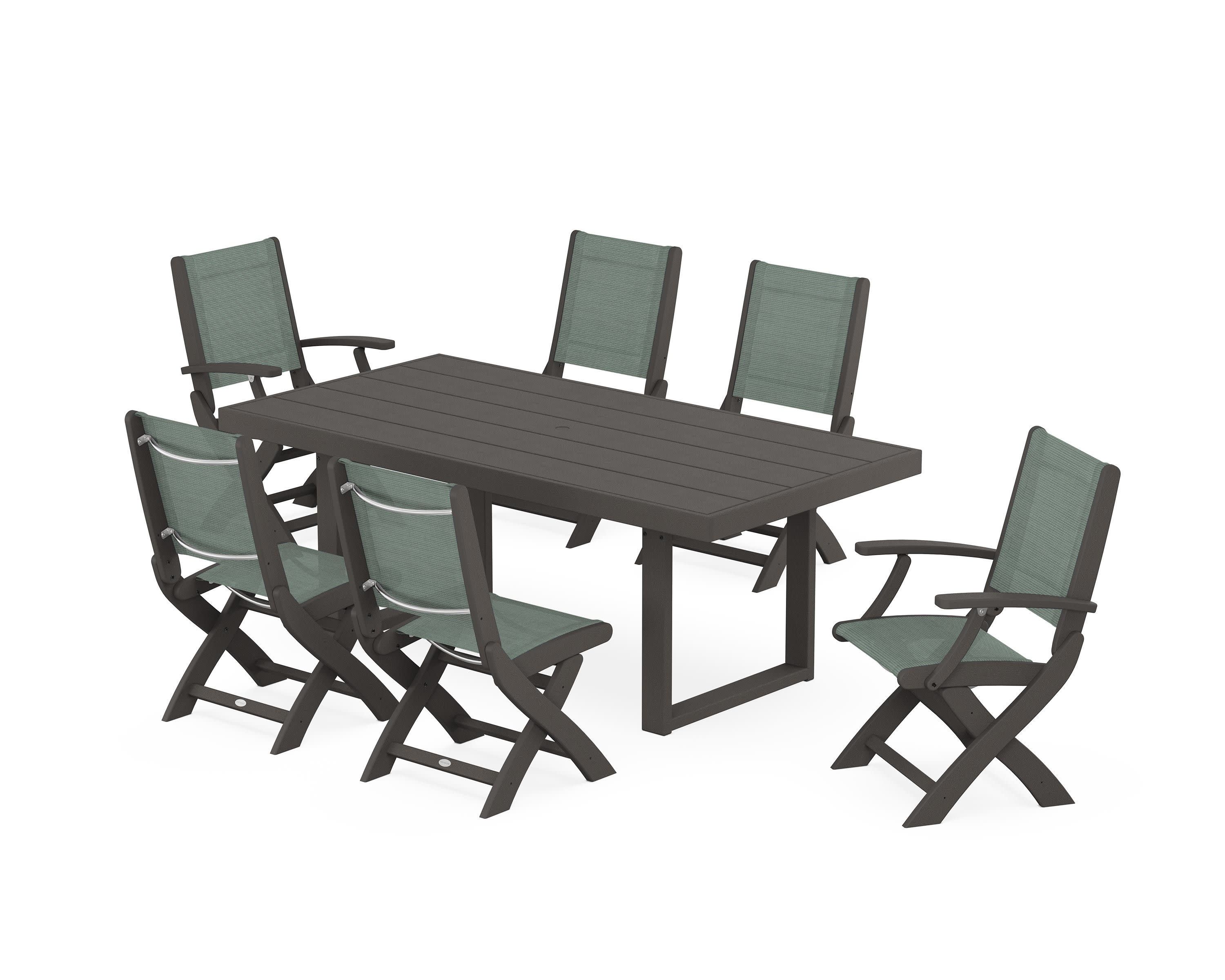 Coastal Folding Chair 7-Piece Dining Set with Trestle Legs in Vintage Coffee / Dupioni Sea Mist Sling