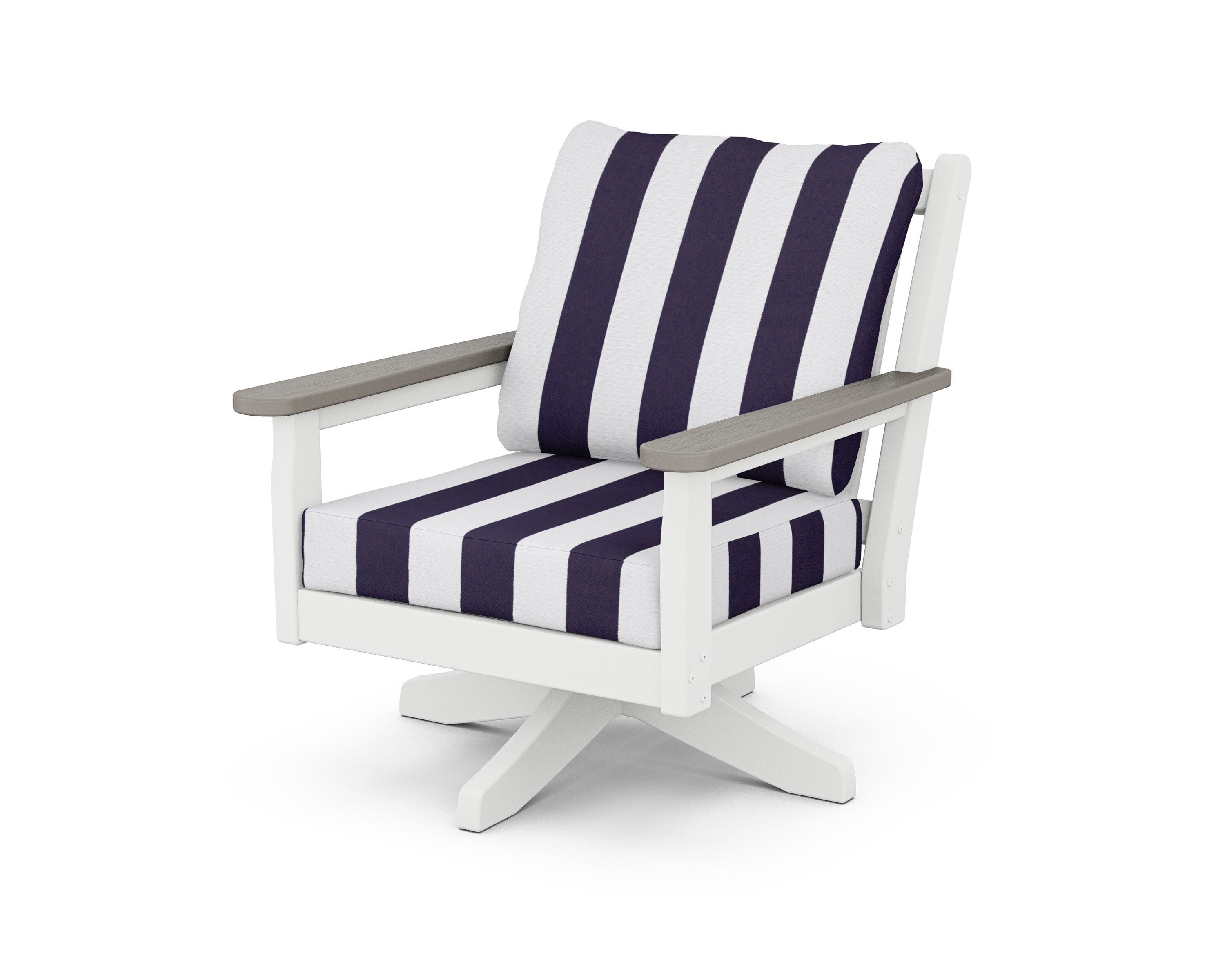 Chippendale Deep Seating Swivel Chair in White / Driftwood / Cabana Stripe Navy