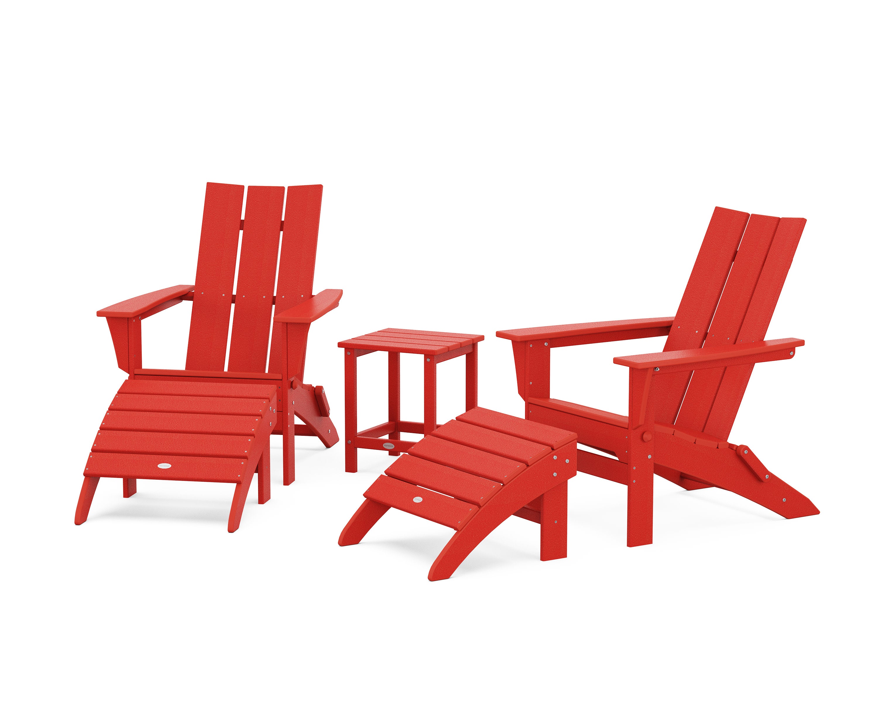 Modern Folding Adirondack Chair 5-Piece Set with Ottomans and 18" Side Table in Sunset Red