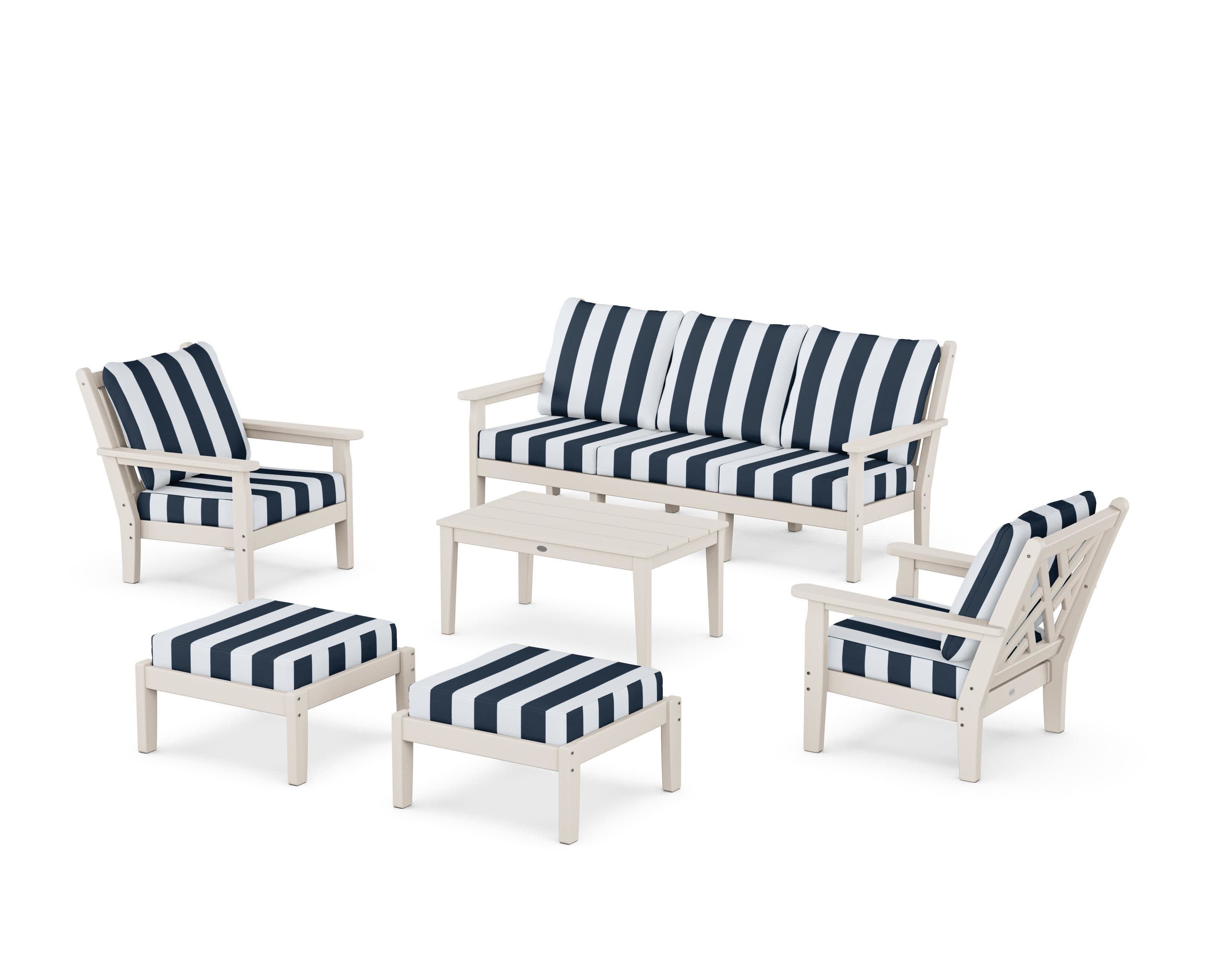 Chippendale 6-Piece Lounge Sofa Set in Sand / Cabana Stripe Marine Indigo