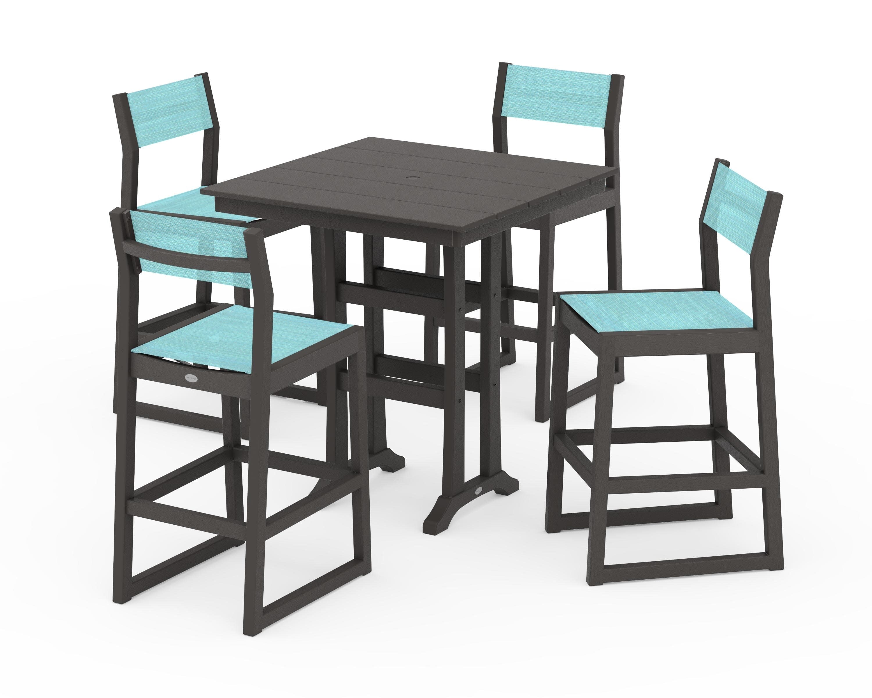 EDGE Sling Arm Chair 5-Piece Farmhouse Bar Set with Trestle Legs in Vintage Coffee / Dupioni Aquamarine Sling