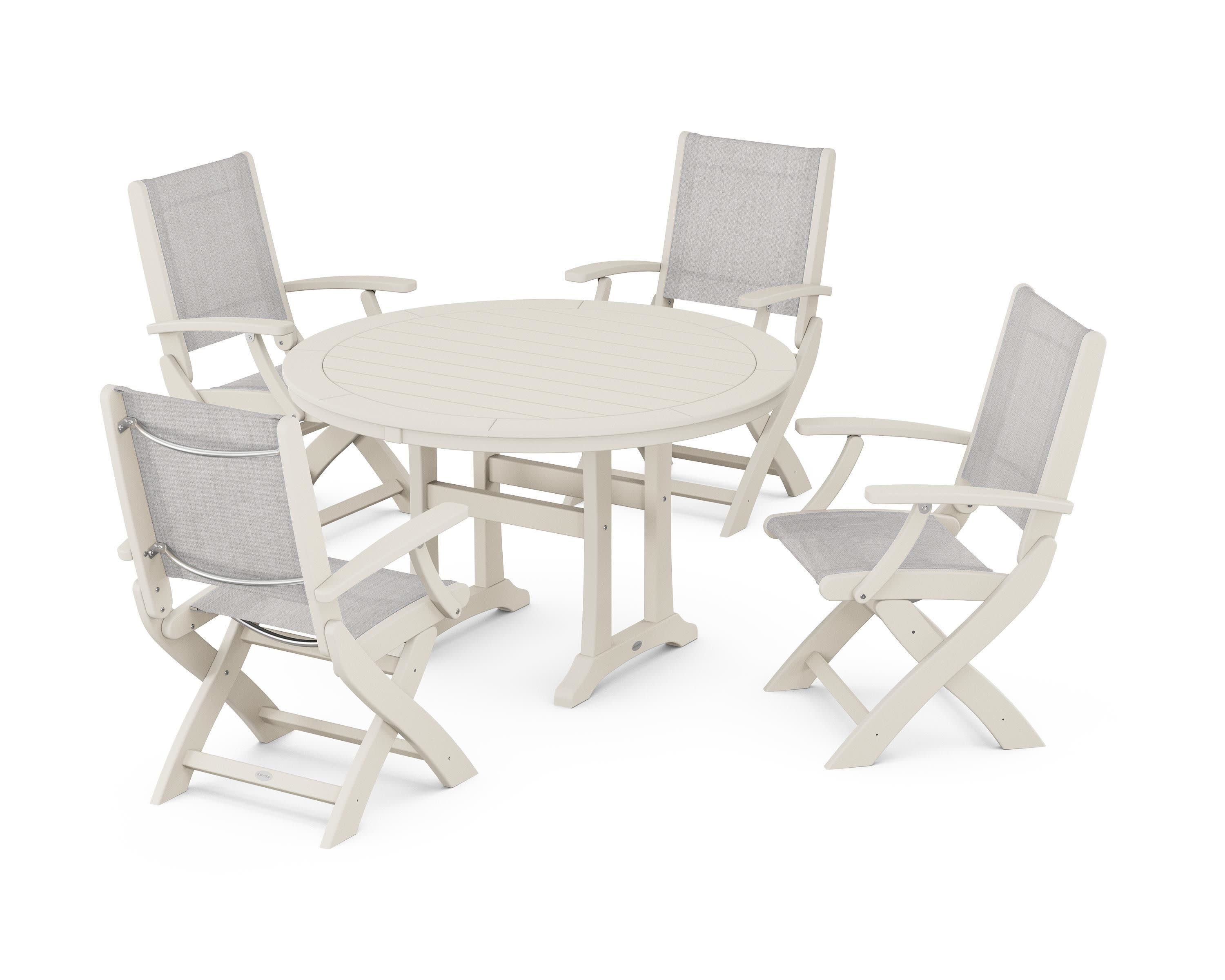 Coastal Folding Chair 5-Piece Round Dining Set with Trestle Legs in Sand / Parchment Sling