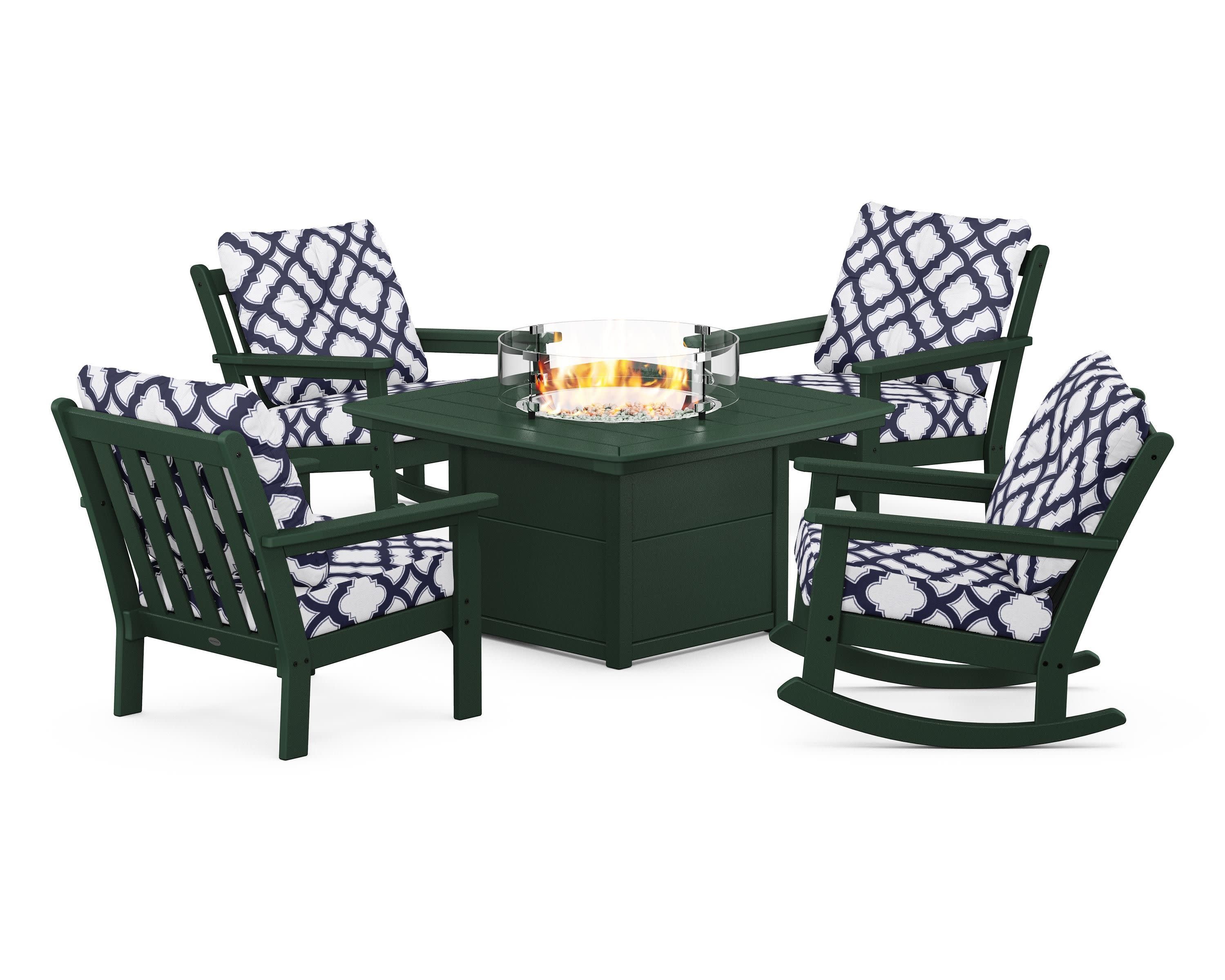 Vineyard 5-Piece Deep Seating Rocking Chair Conversation Set with Fire Pit Table in Green / Trellis Navy