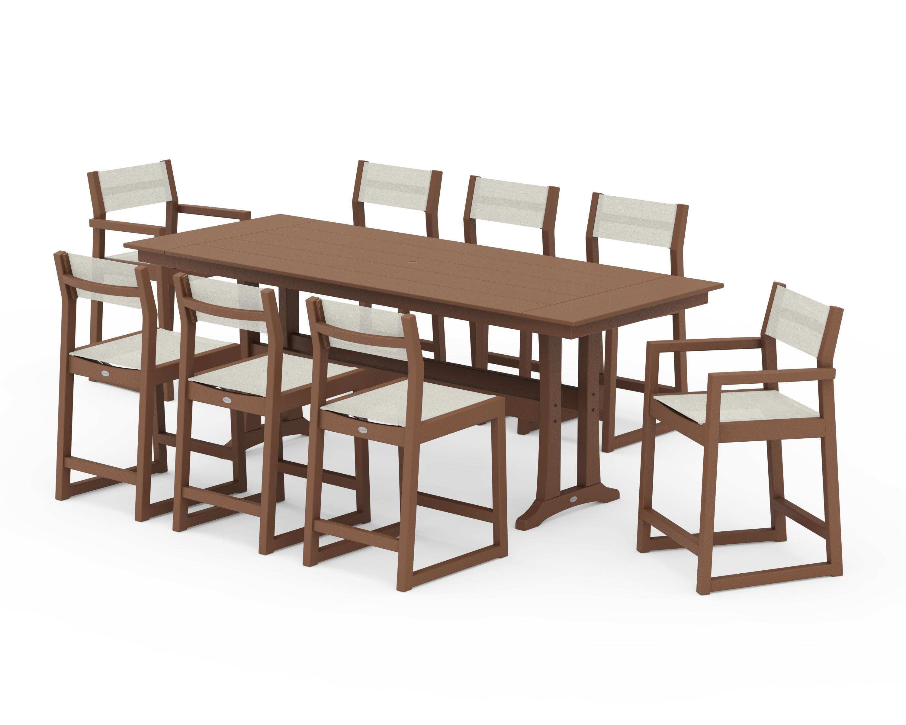 EDGE Sling 9-Piece Farmhouse Counter Set with Trestle Legs in Teak / Parchment Sling