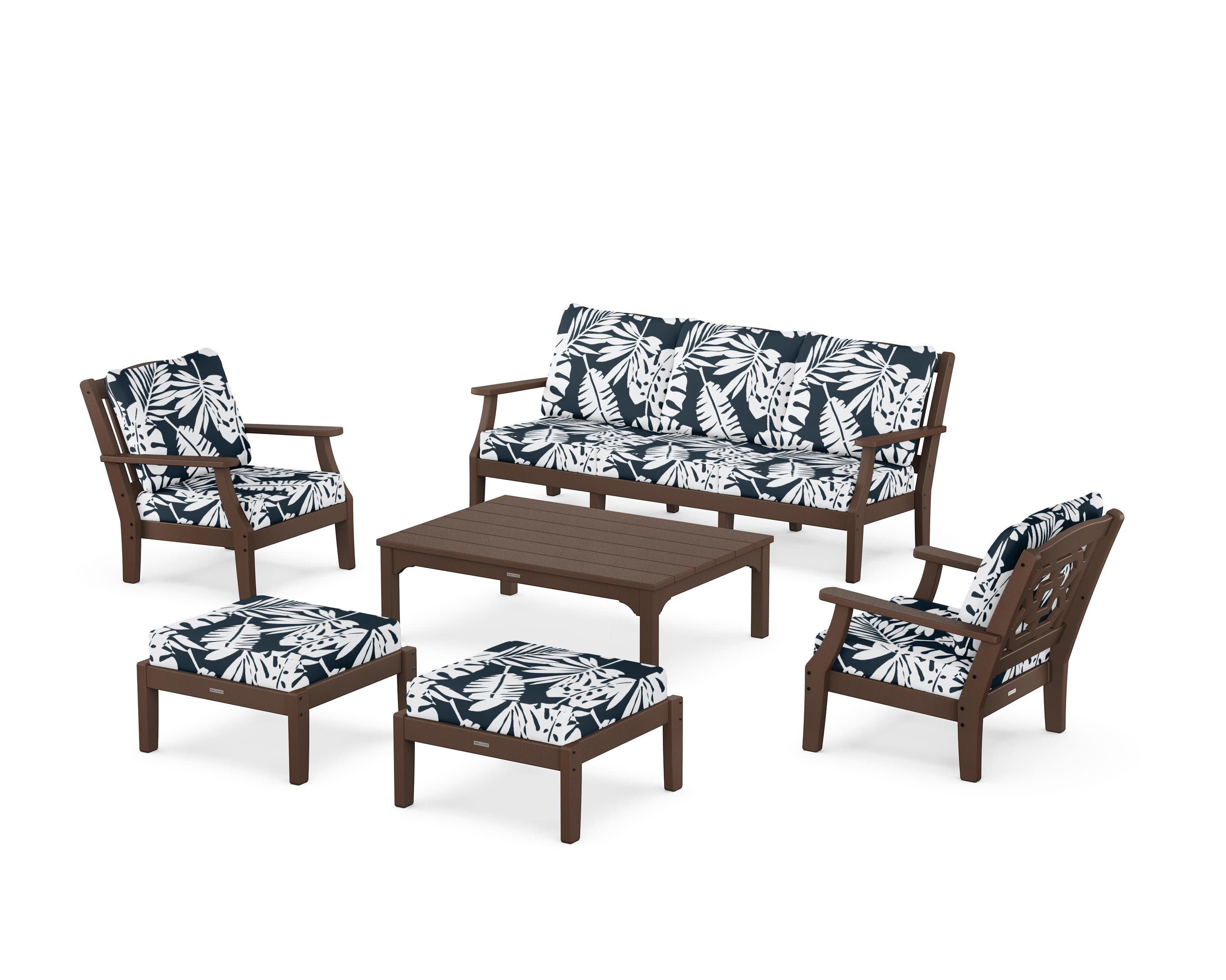 Chinoiserie 6-Piece Lounge Sofa Set in Mahogany / Leaf Marine Indigo