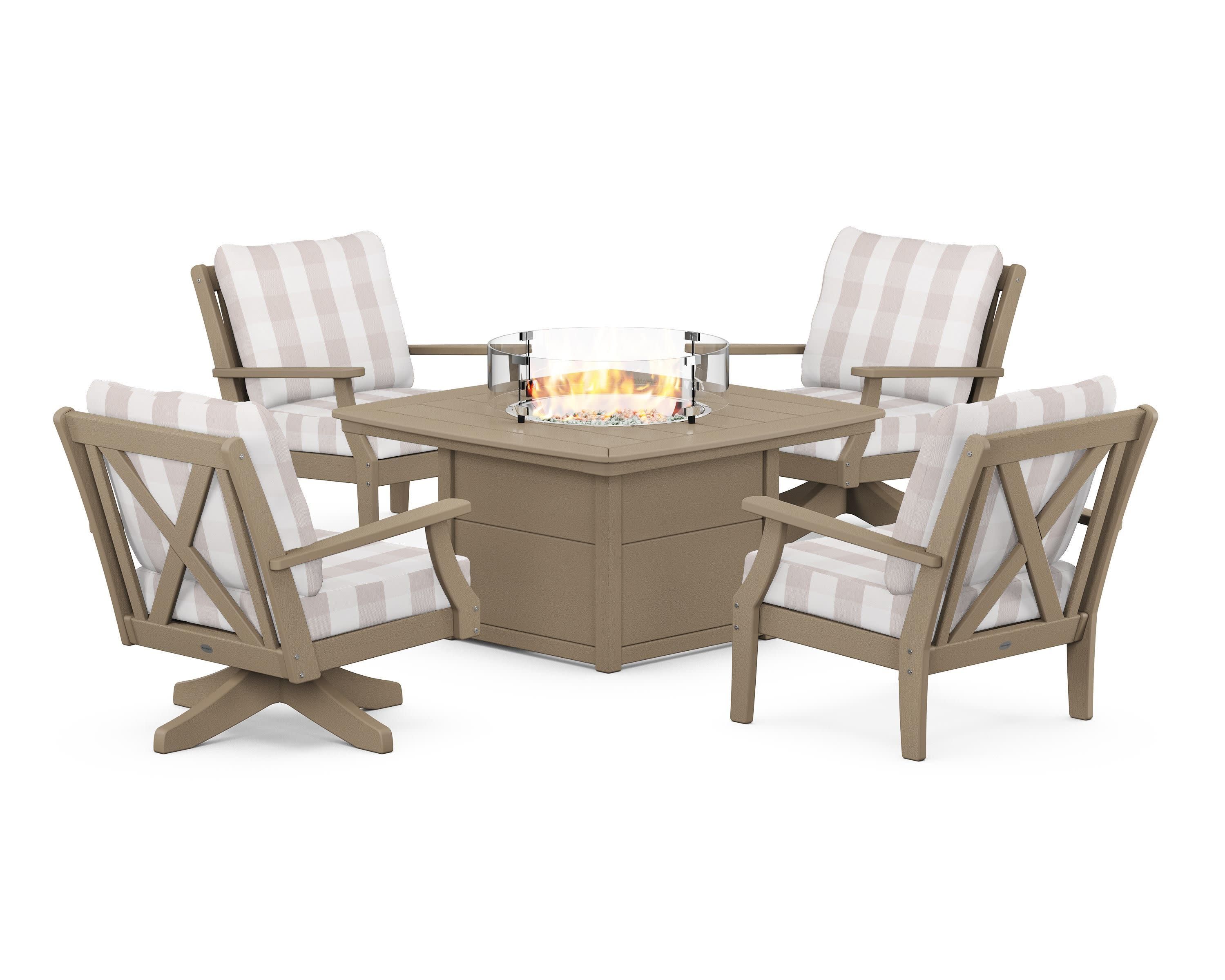 Braxton 5-Piece Deep Seating Set with Fire Table in Vintage Sahara / Buffalo Plaid Dune Burlap