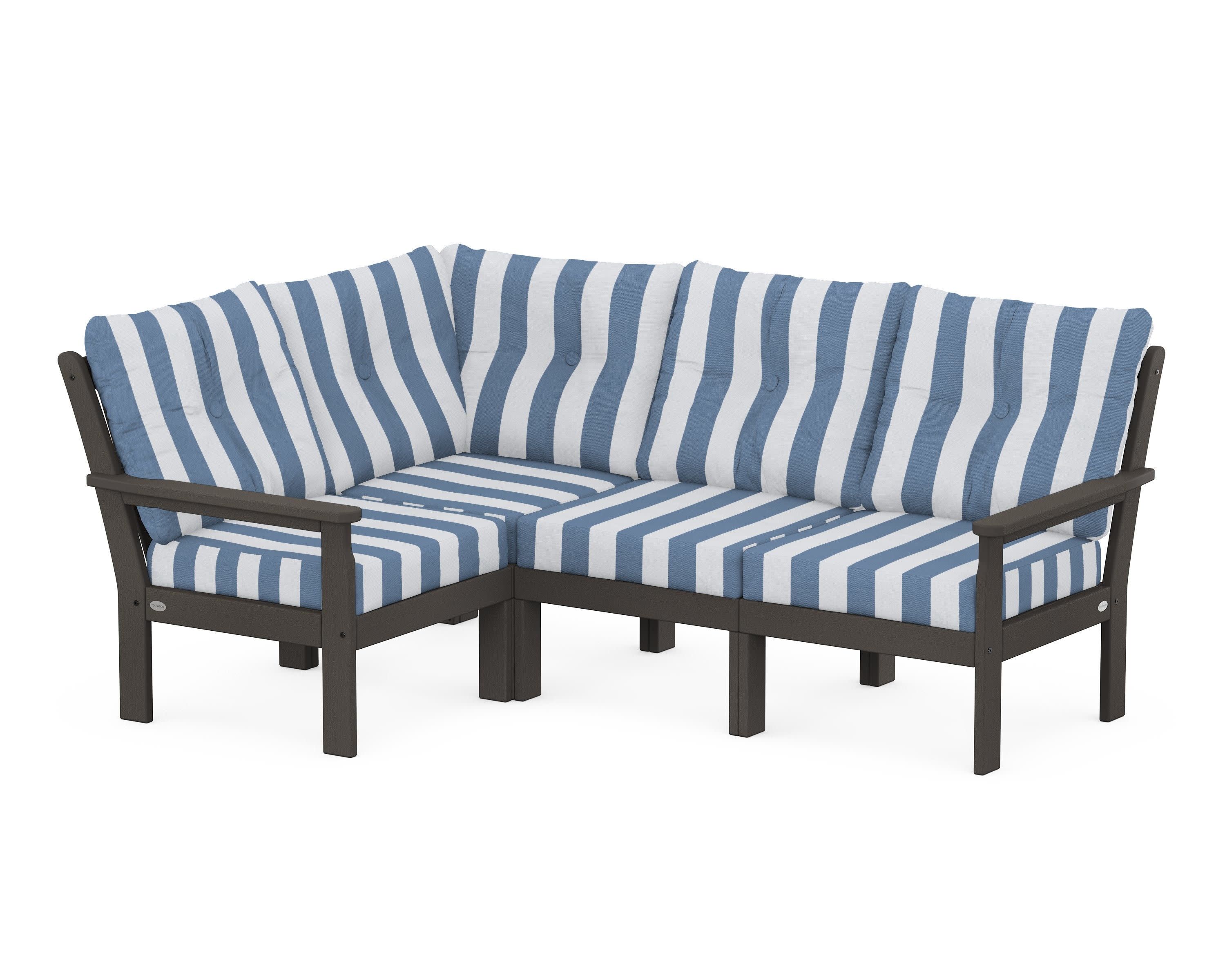 Vineyard 4-Piece Sectional in Vintage Coffee / Cabana Stripe Sky Blue